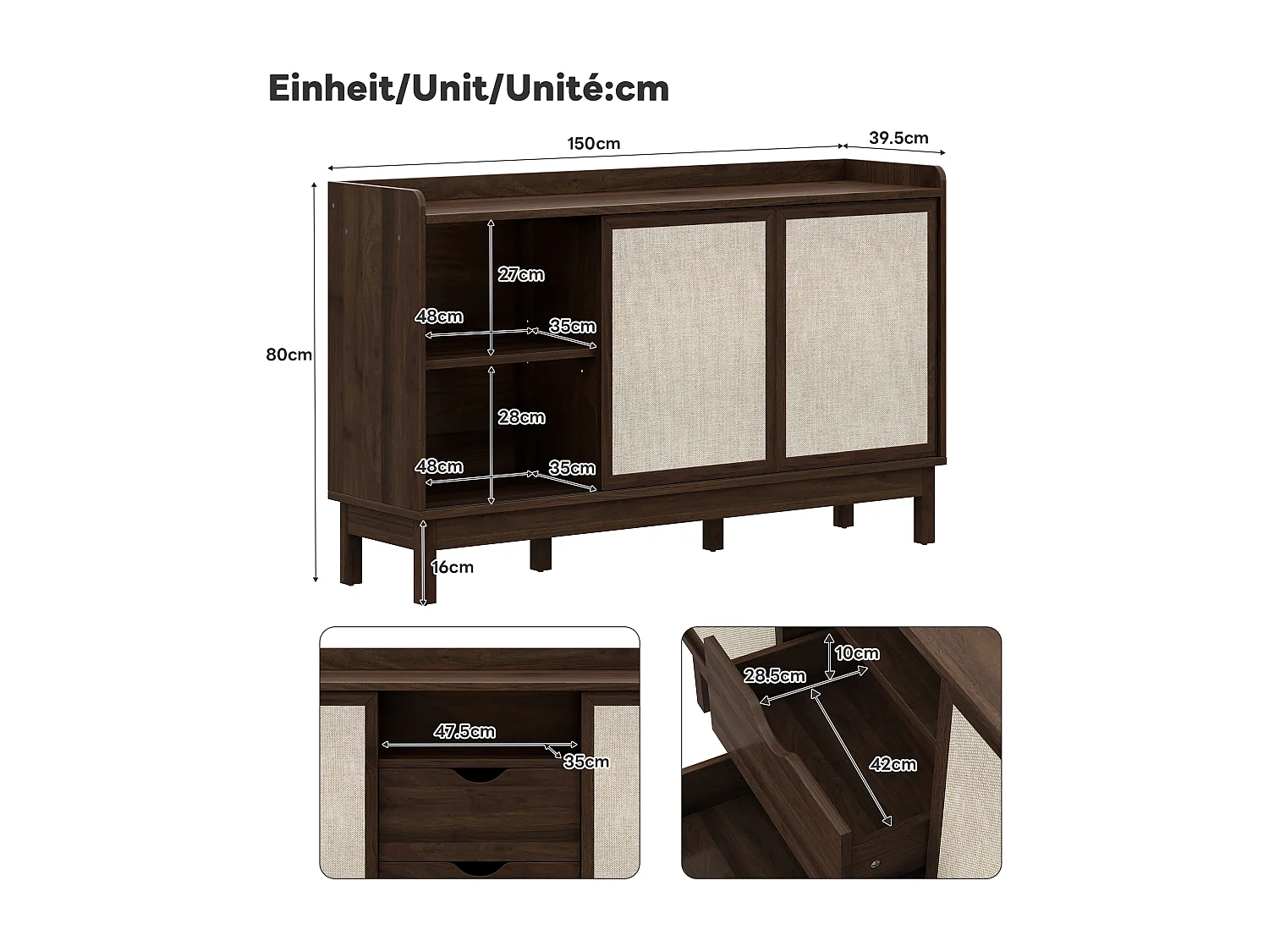 Modern dressoir voor de woonkamer - 150 x 39,5 x 80 cm - met schuifdeuren + 2 lades - spaanplaat - donker naturel