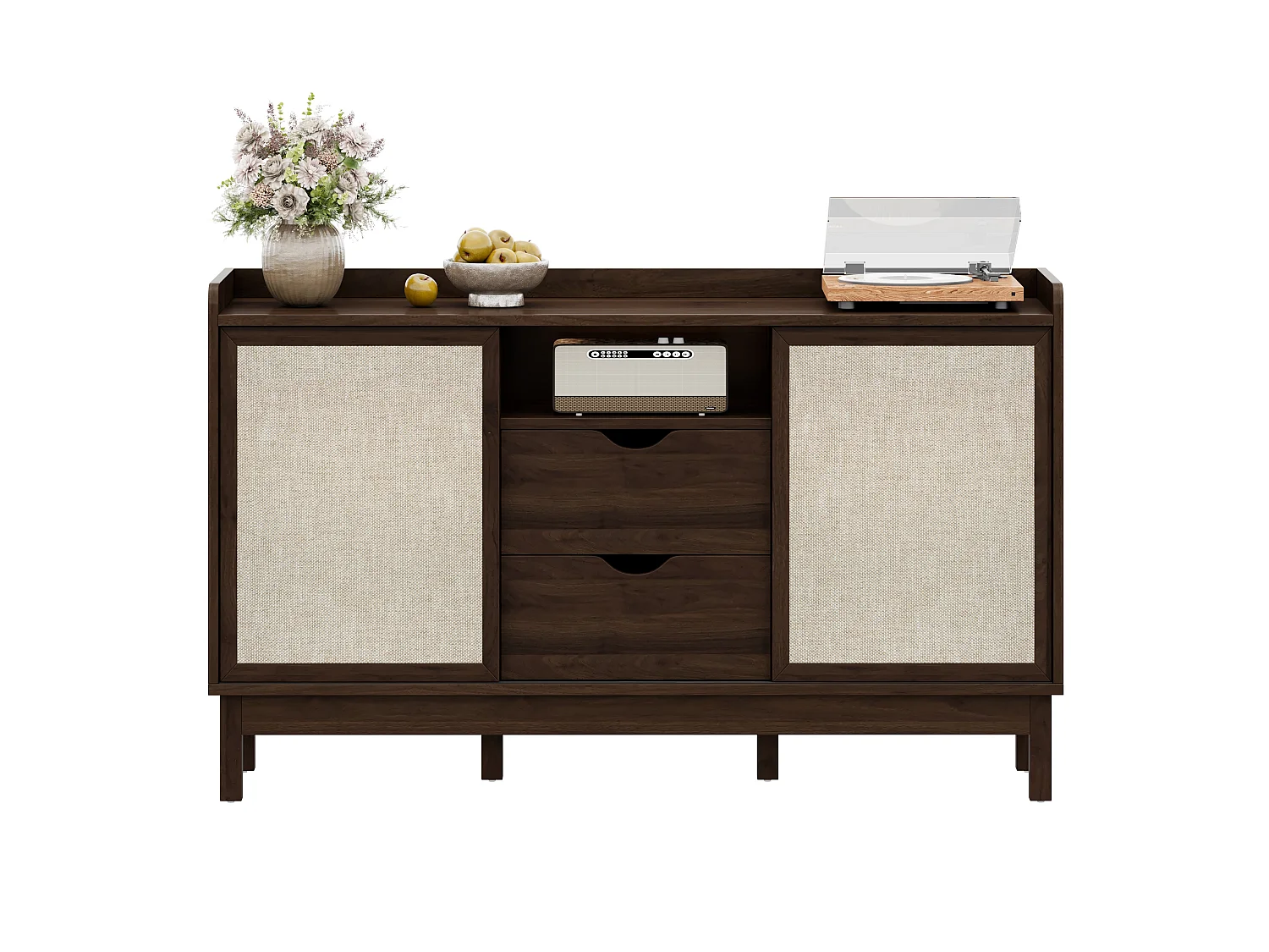 Buffet moderne pour salon - 150 x 39.5 x 80 cm - avec portes coulissantes + 2 tiroir - aggloméré - naturel foncé