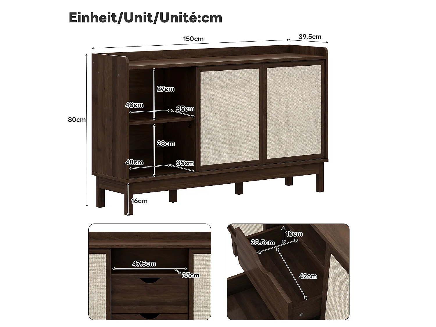 Buffet moderne pour salon - 150 x 39.5 x 80 cm - avec portes coulissantes + 2 tiroir - aggloméré - naturel foncé