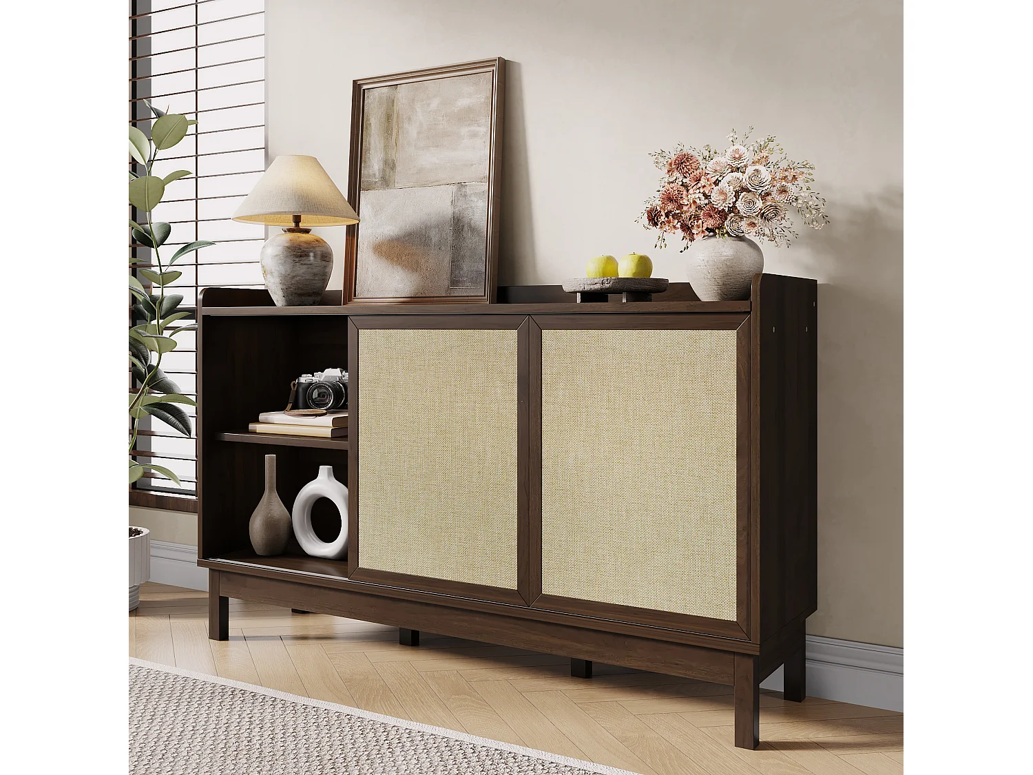 Buffet moderne pour salon - 150 x 39.5 x 80 cm - avec portes coulissantes + 2 tiroir - aggloméré - naturel foncé