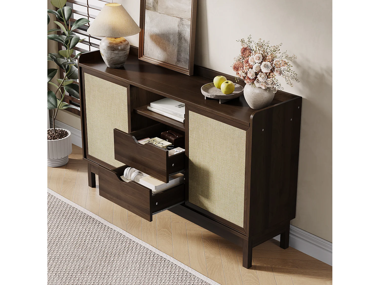 Buffet moderne pour salon - 150 x 39.5 x 80 cm - avec portes coulissantes + 2 tiroir - aggloméré - naturel foncé