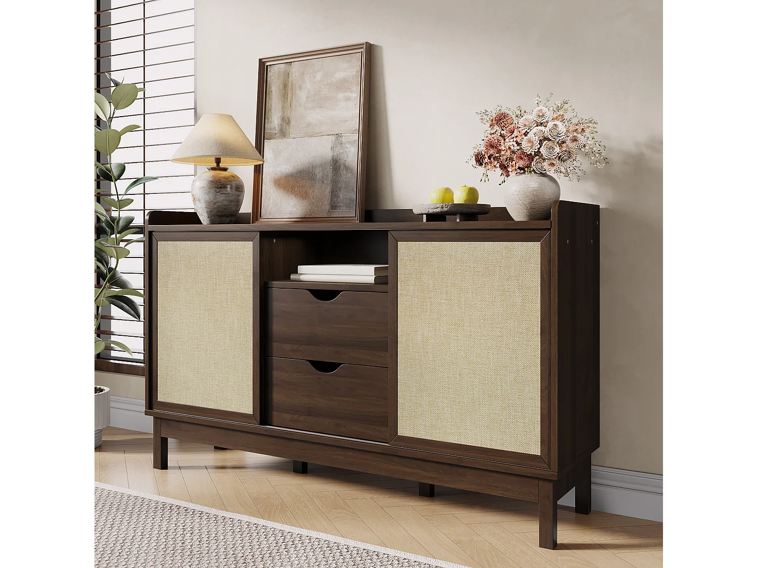 Buffet moderne pour salon - 150 x 39.5 x 80 cm - avec portes coulissantes + 2 tiroir - aggloméré - naturel foncé