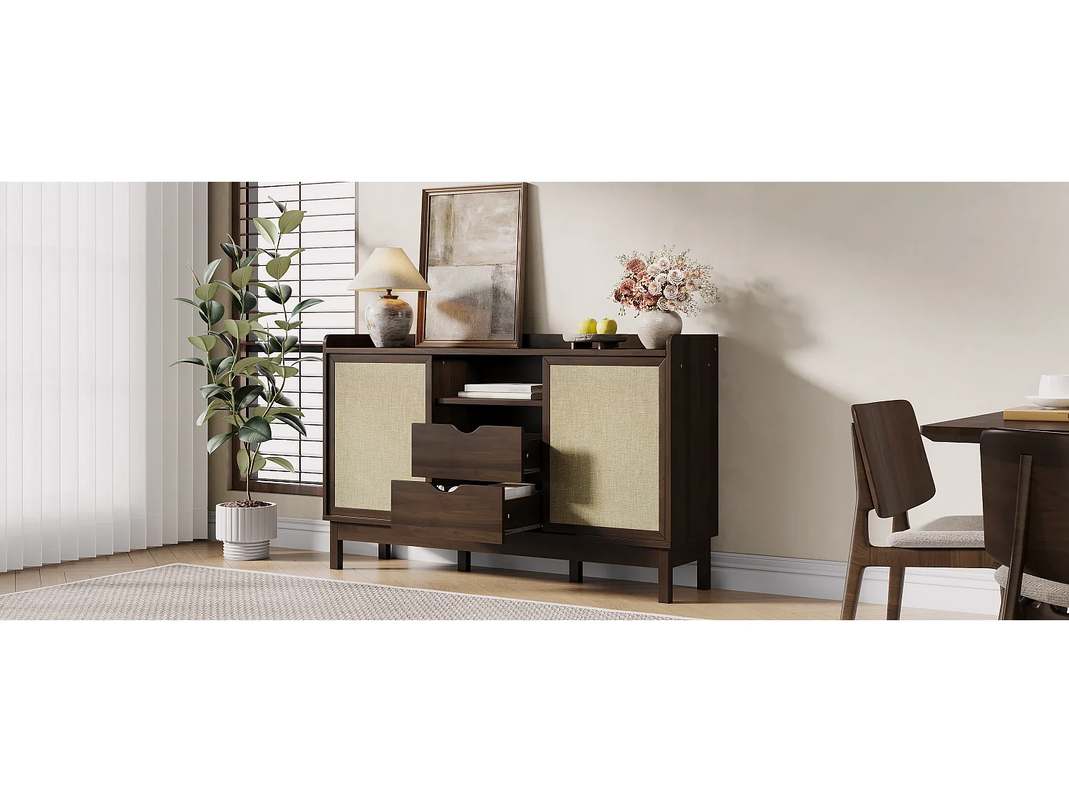 Buffet moderne pour salon - 150 x 39.5 x 80 cm - avec portes coulissantes + 2 tiroir - aggloméré - naturel foncé
