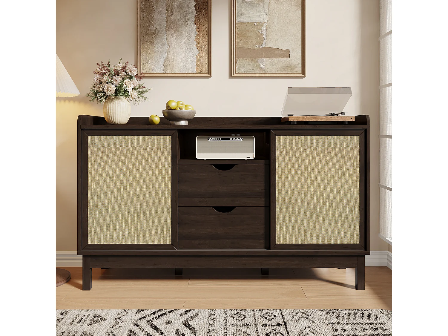 Buffet moderne pour salon - 150 x 39.5 x 80 cm - avec portes coulissantes + 2 tiroir - aggloméré - naturel foncé