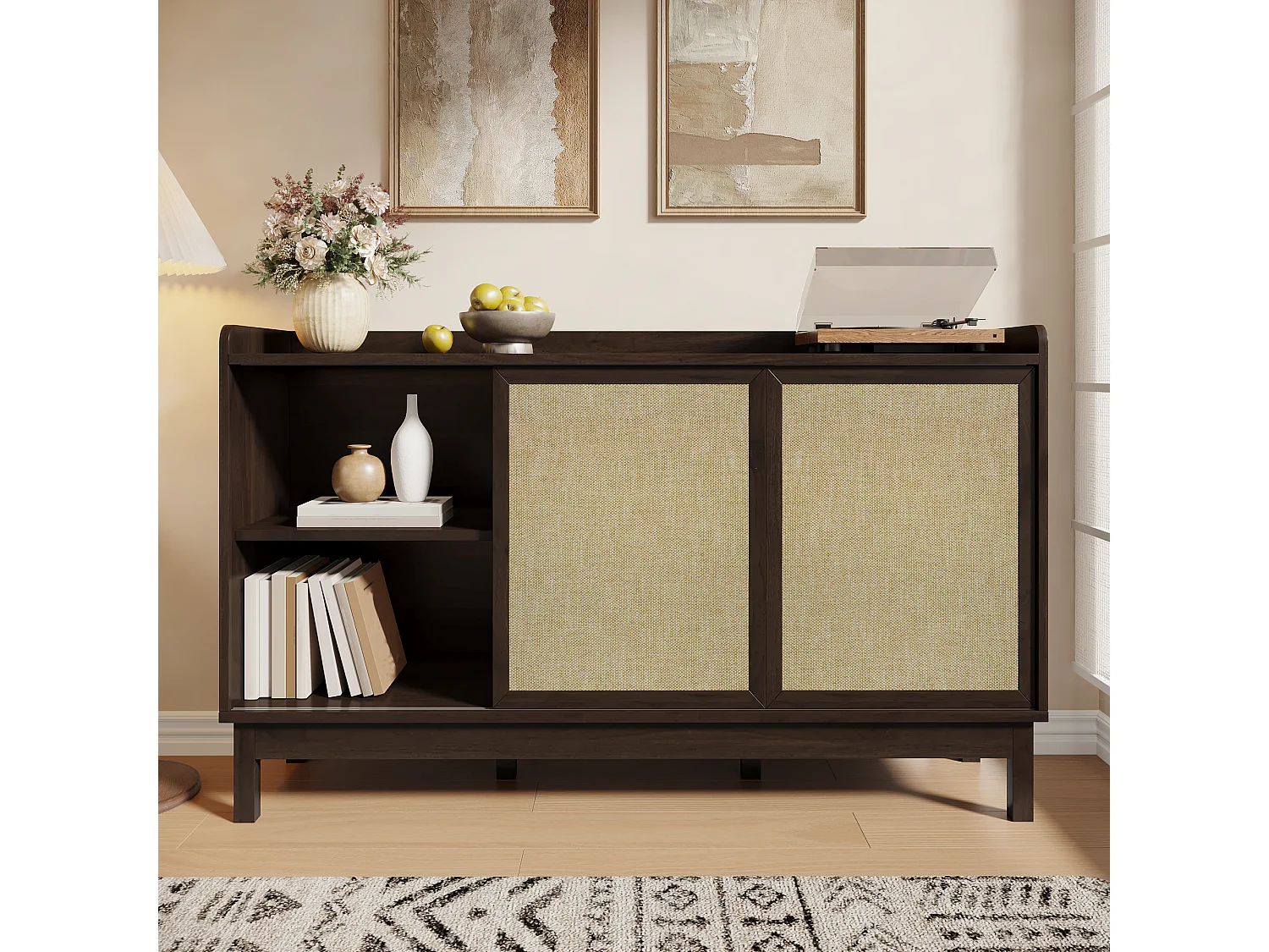 Buffet moderne pour salon - 150 x 39.5 x 80 cm - avec portes coulissantes + 2 tiroir - aggloméré - naturel foncé