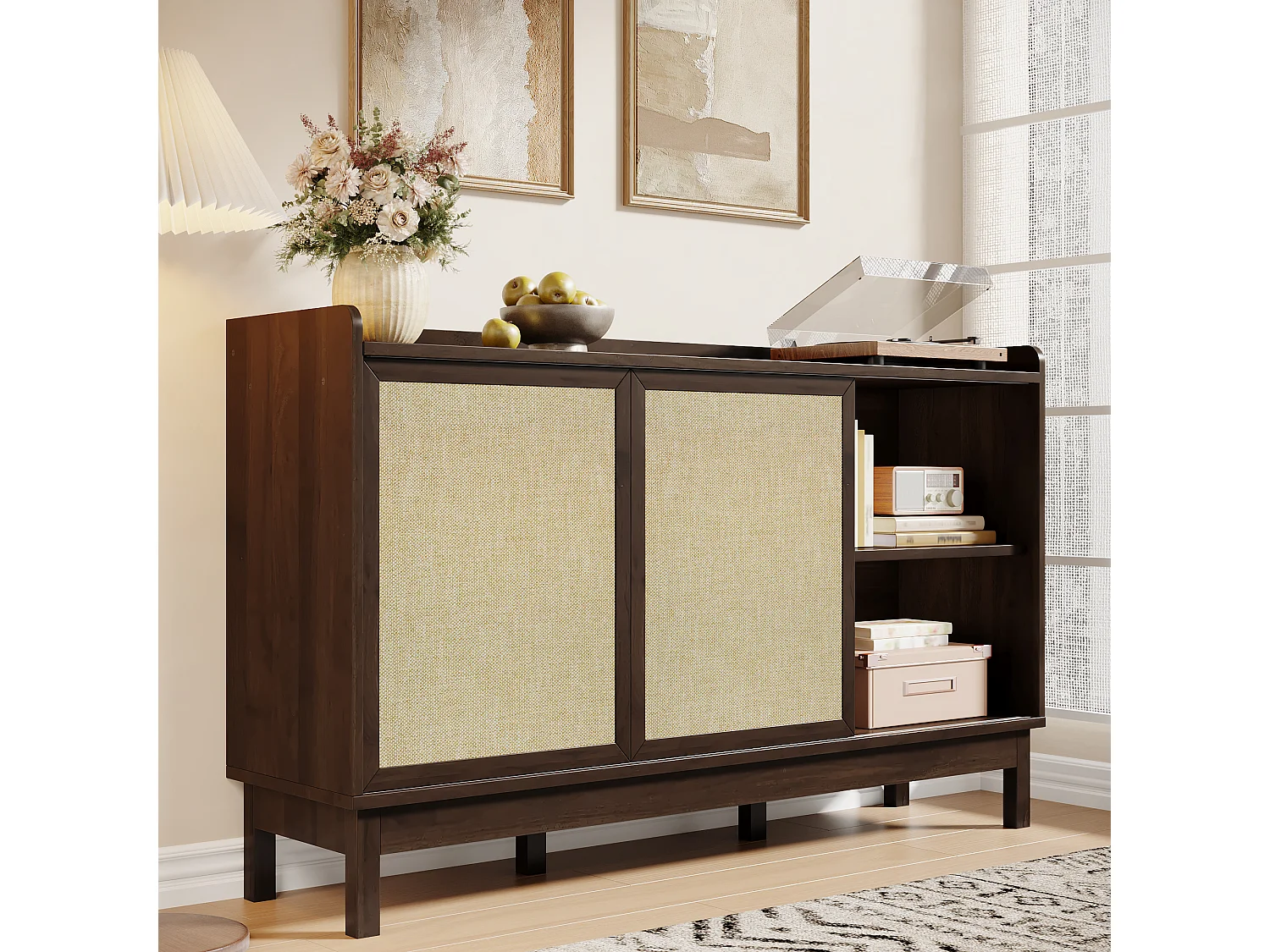 Buffet moderne pour salon - 150 x 39.5 x 80 cm - avec portes coulissantes + 2 tiroir - aggloméré - naturel foncé
