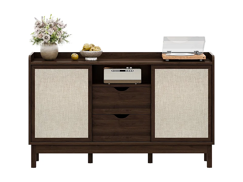 Modern dressoir voor de woonkamer - 150 x 39,5 x 80 cm - met schuifdeuren + 2 lades - spaanplaat - donker naturel