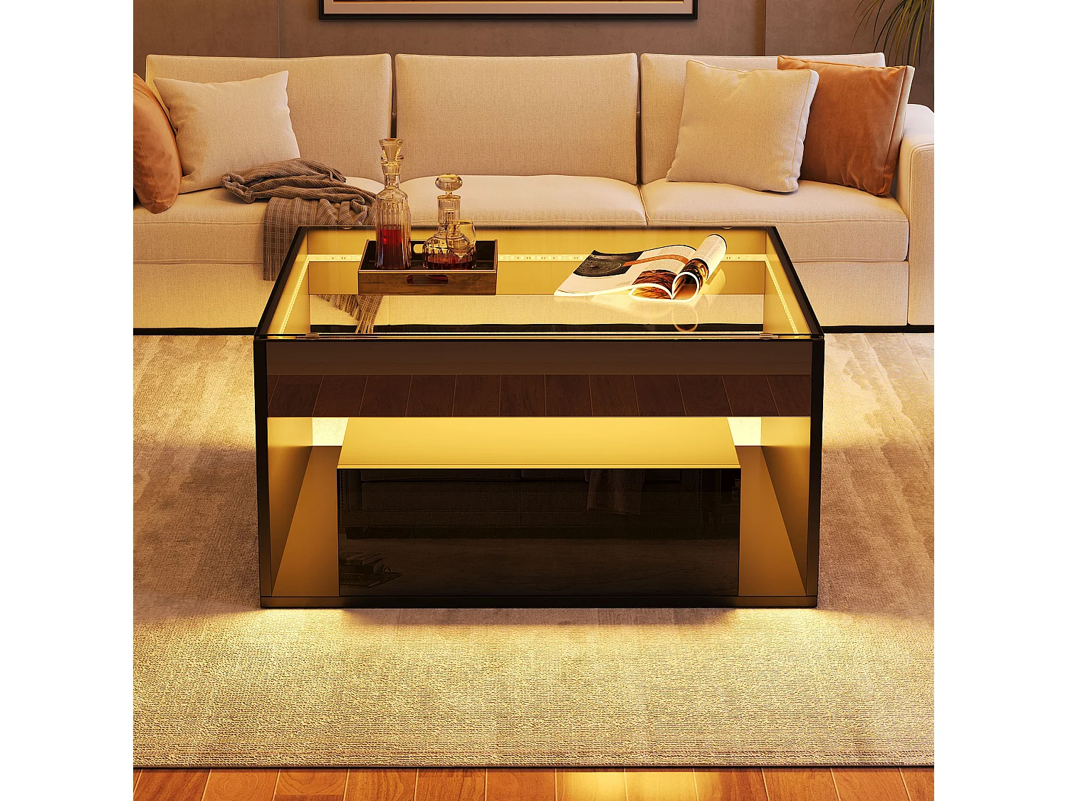 Hochglanzlackierter Couchtisch – 70 x 70 x 35 cm – mit 2 Schubladen + LED-Beleuchtung – Tischplatte aus gehärtetem Glas – MDF – schwarz