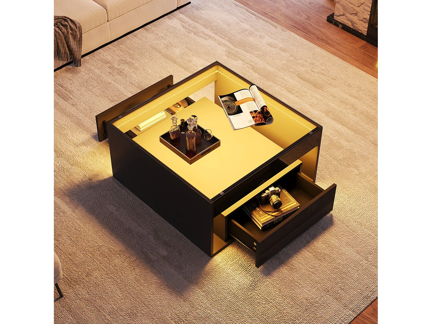 Hochglanzlackierter Couchtisch – 70 x 70 x 35 cm – mit 2 Schubladen + LED-Beleuchtung – Tischplatte aus gehärtetem Glas – MDF – schwarz