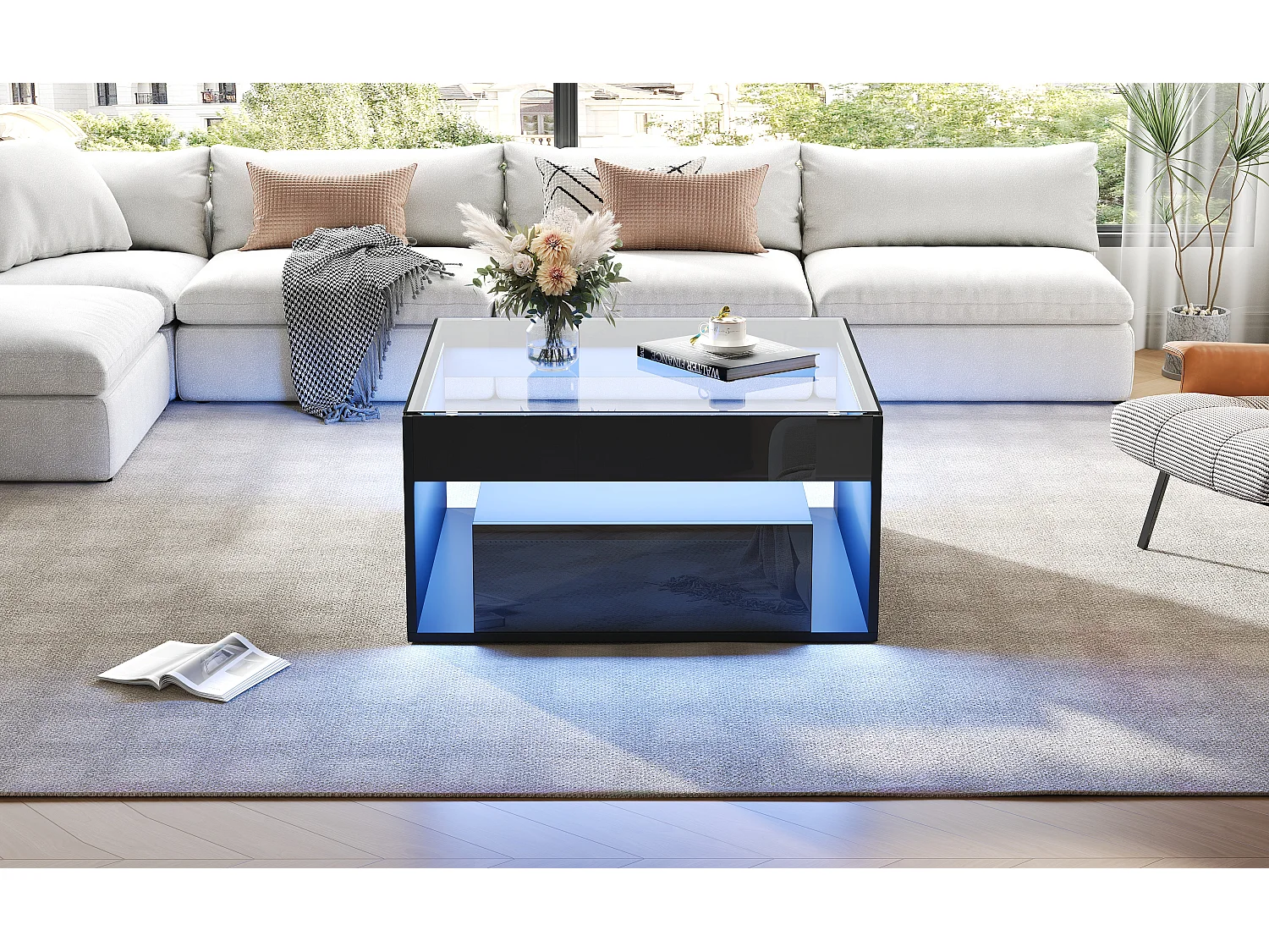 Hochglanzlackierter Couchtisch – 70 x 70 x 35 cm – mit 2 Schubladen + LED-Beleuchtung – Tischplatte aus gehärtetem Glas – MDF – schwarz