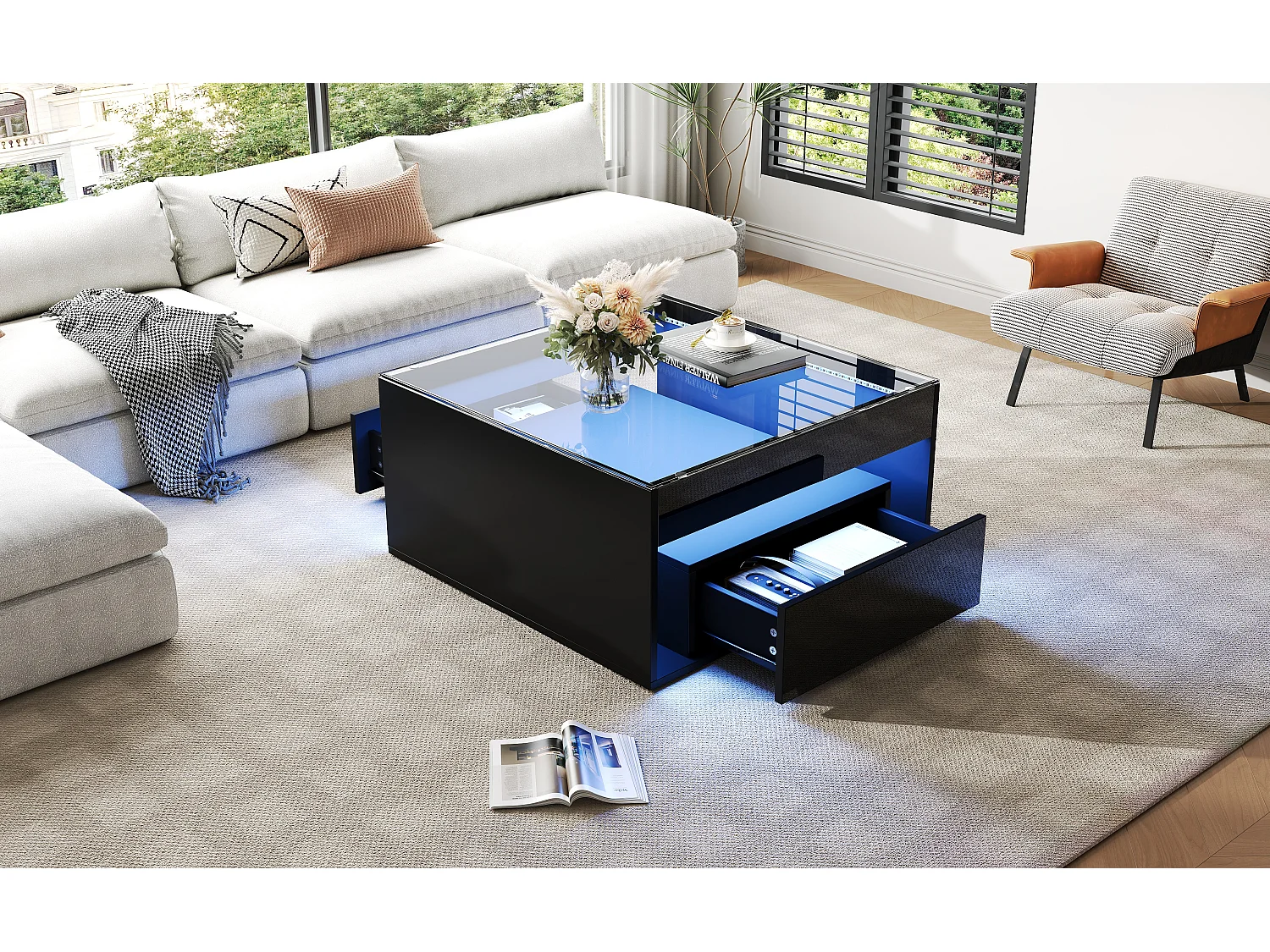 Hochglanzlackierter Couchtisch – 70 x 70 x 35 cm – mit 2 Schubladen + LED-Beleuchtung – Tischplatte aus gehärtetem Glas – MDF – schwarz