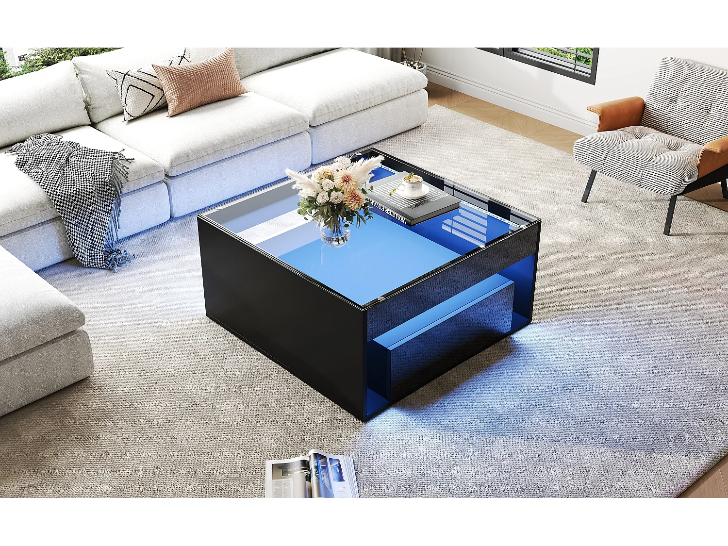 Hochglanzlackierter Couchtisch – 70 x 70 x 35 cm – mit 2 Schubladen + LED-Beleuchtung – Tischplatte aus gehärtetem Glas – MDF – schwarz