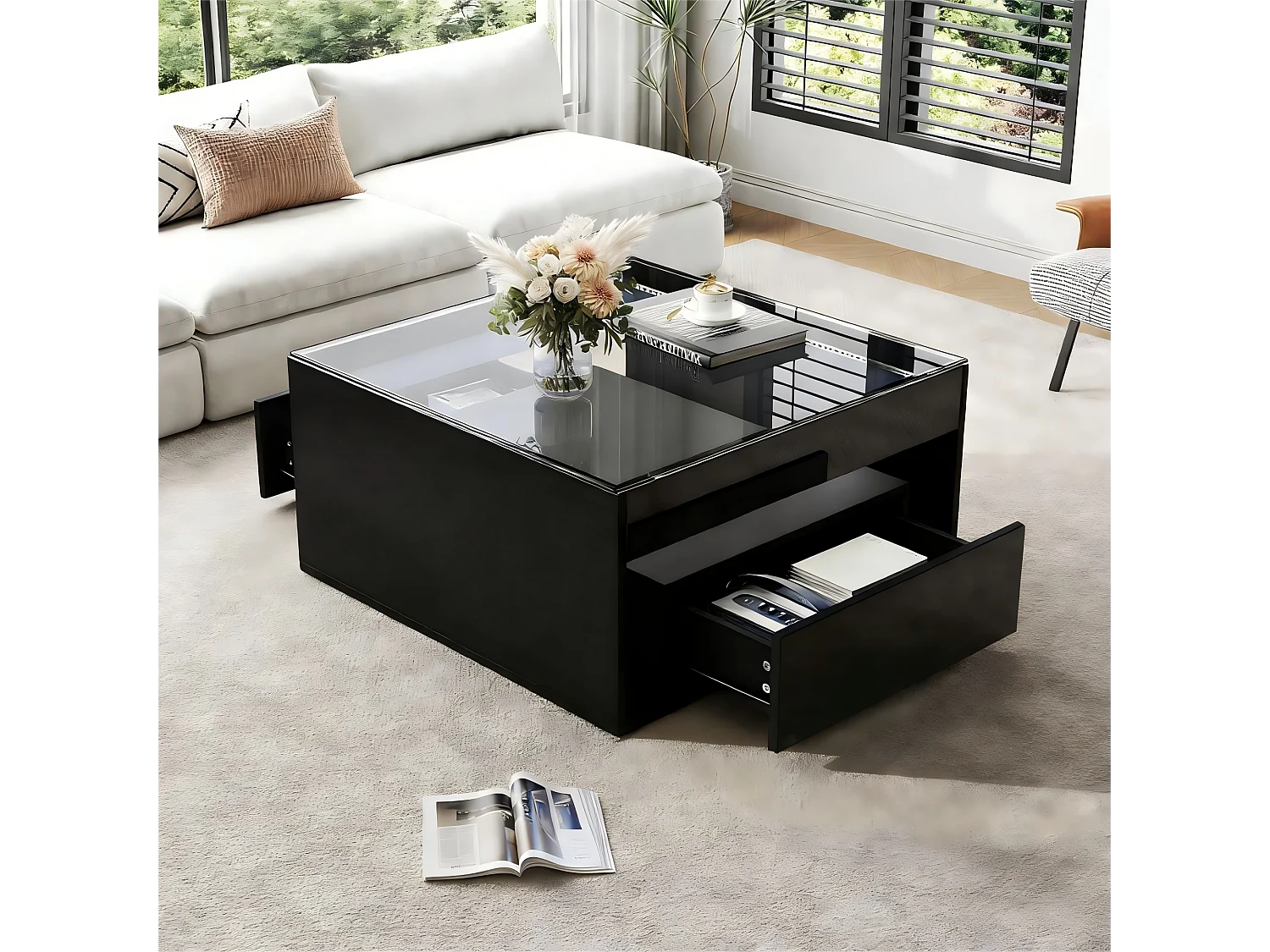 Table basse laquée brillante - 70 x 70 x 35 cm - avec 2 tiroirs + Leds - table ajourée en verre trempé - MDF - noir