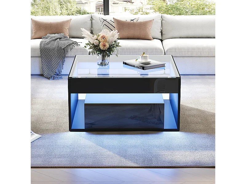 Hochglanzlackierter Couchtisch – 70 x 70 x 35 cm – mit 2 Schubladen + LED-Beleuchtung – Tischplatte aus gehärtetem Glas – MDF – schwarz