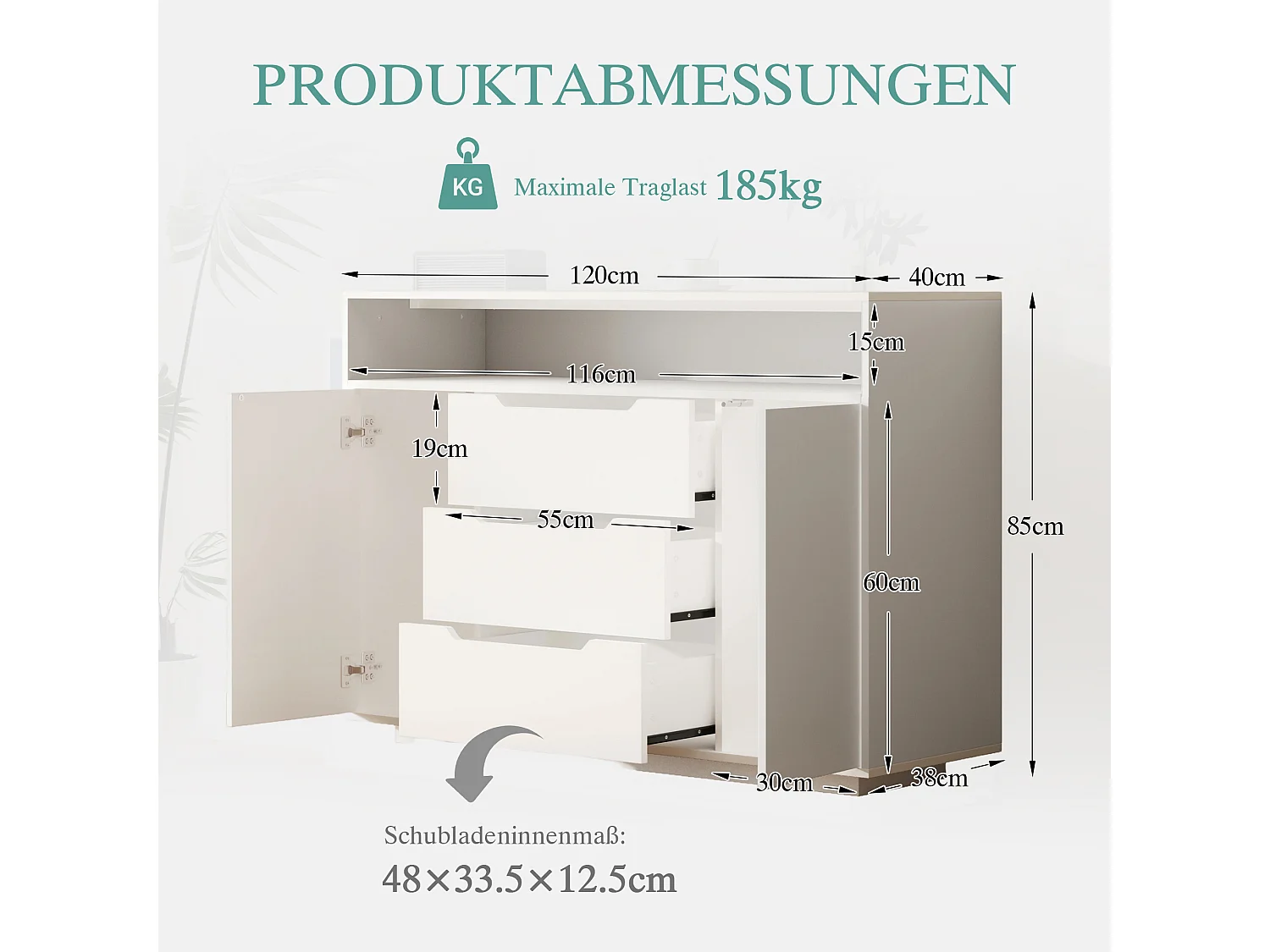 Buffet moderne finition mate - 120 x 40 x 85 cm - avec étagères ouvertes + 3 tiroirs + 2 portes + Leds - bois - blanc