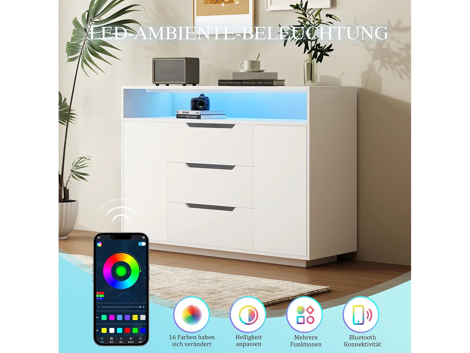 Buffet moderne finition mate - 120 x 40 x 85 cm - avec étagères ouvertes + 3 tiroirs + 2 portes + Leds - bois - blanc