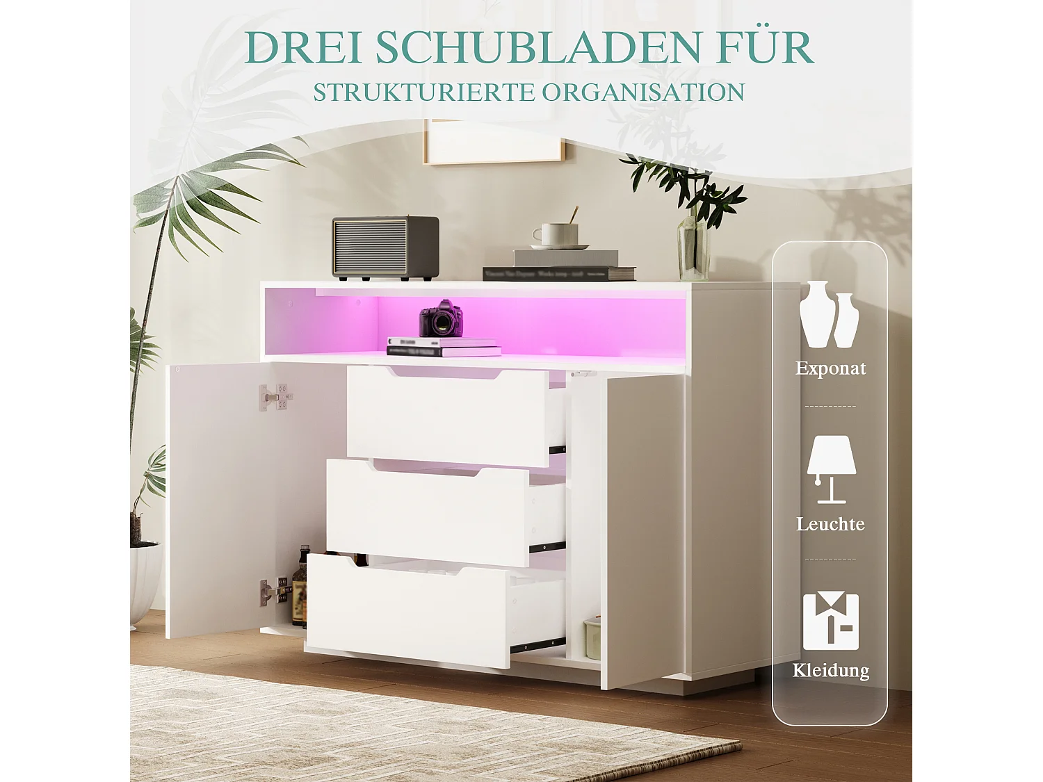 Buffet moderne finition mate - 120 x 40 x 85 cm - avec étagères ouvertes + 3 tiroirs + 2 portes + Leds - bois - blanc