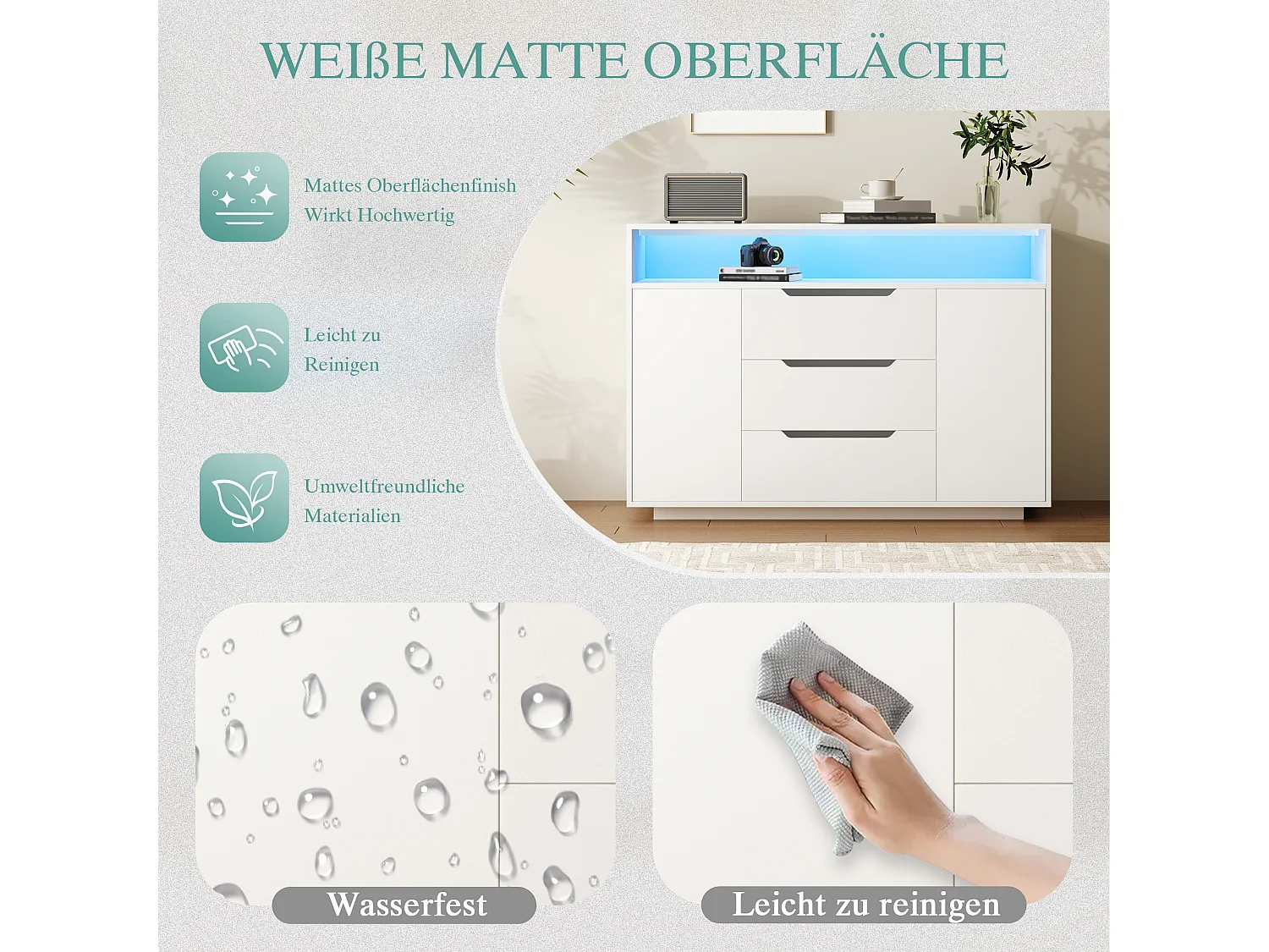 Buffet moderne finition mate - 120 x 40 x 85 cm - avec étagères ouvertes + 3 tiroirs + 2 portes + Leds - bois - blanc