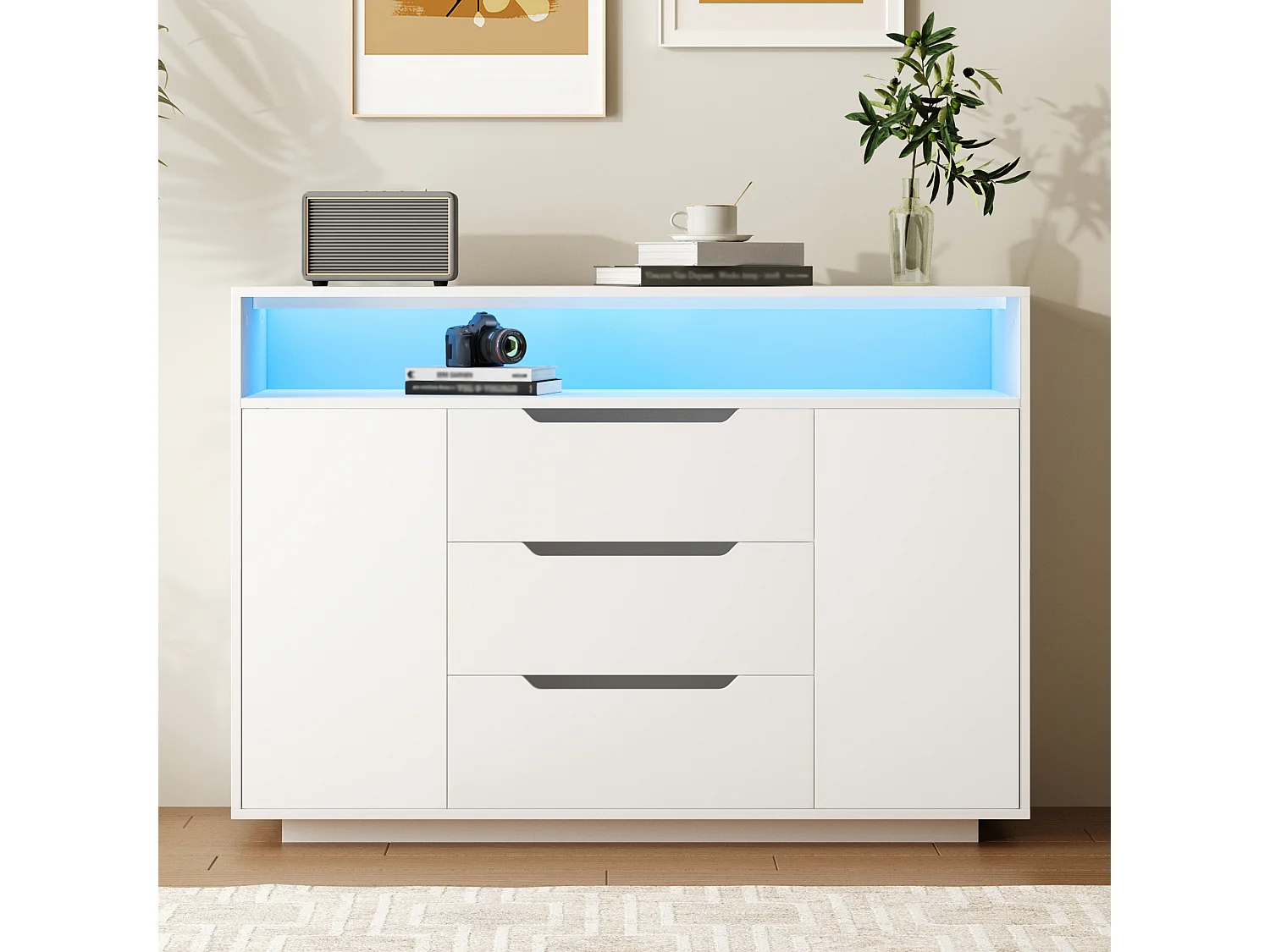 Buffet moderne finition mate - 120 x 40 x 85 cm - avec étagères ouvertes + 3 tiroirs + 2 portes + Leds - bois - blanc