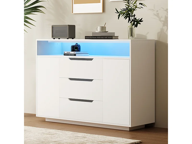 Buffet moderne finition mate - 120 x 40 x 85 cm - avec étagères ouvertes + 3 tiroirs + 2 portes + Leds - bois - blanc