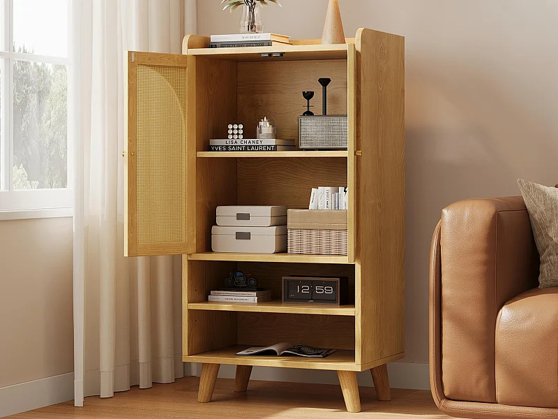 Buffet en rotin 60x40x121cm - avec 2 portes d'armoire en rotin - avec 2 étagères ouvertes - Naturel