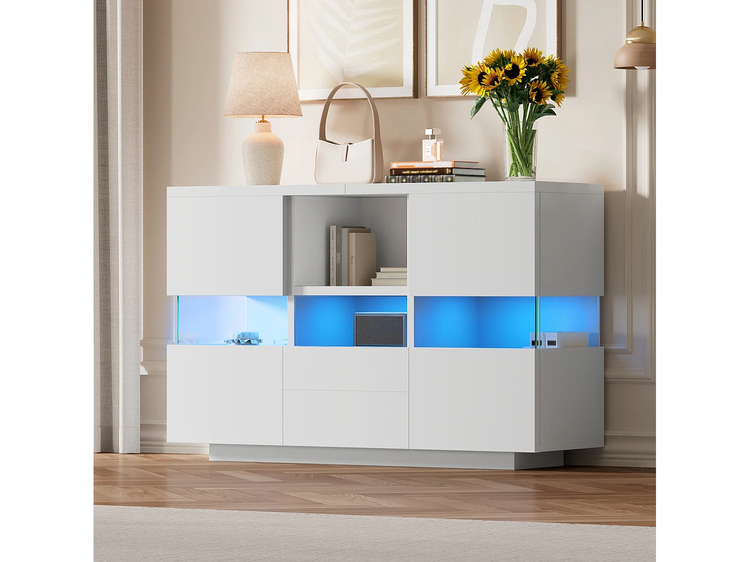 Minimalistisch dressoir voor de woonkamer - 140 x 35 x 75 cm - met 2 deuren + 2 lades + planken + ledverlichting - hout - wit