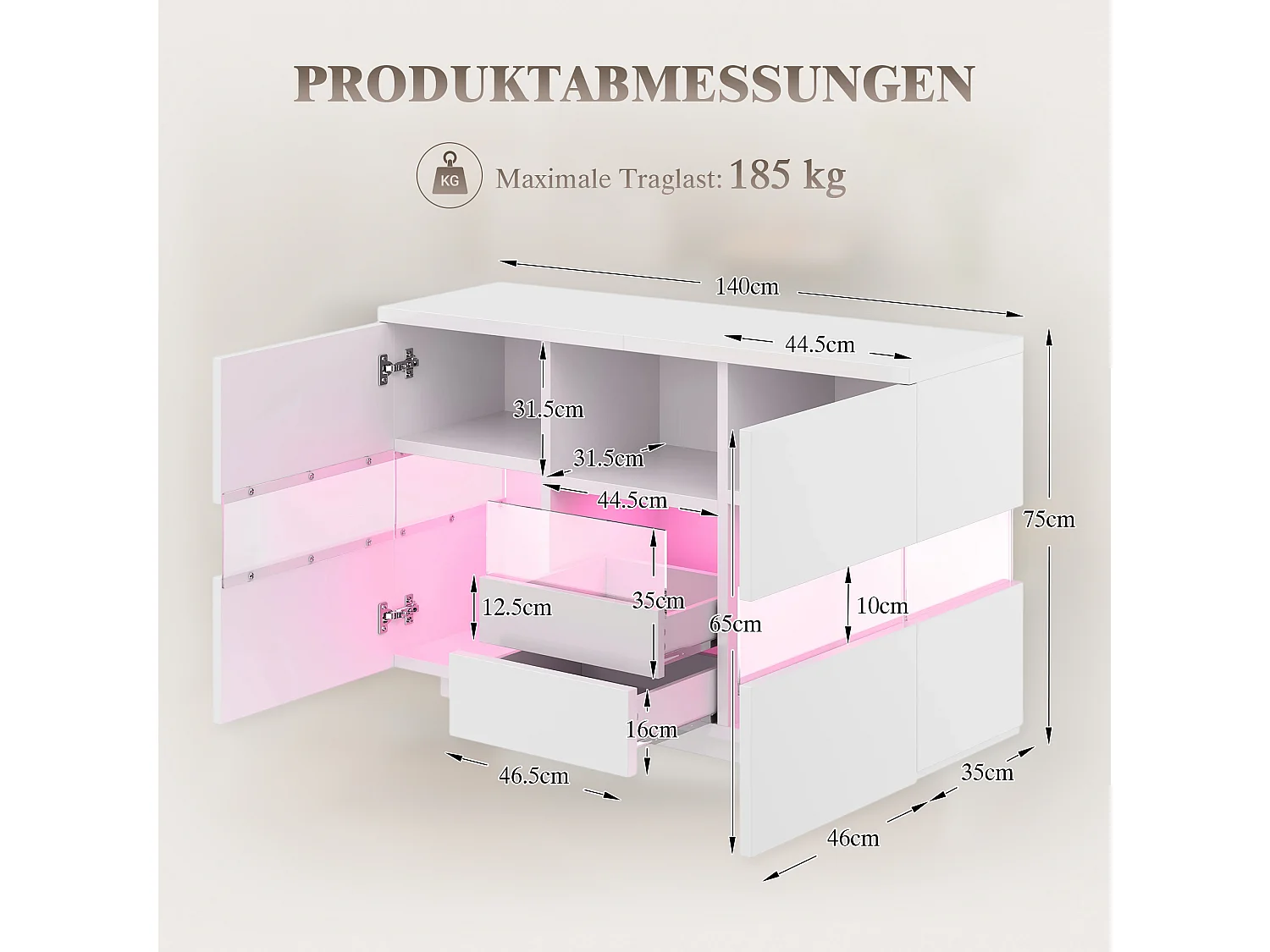 Minimalistisch dressoir voor de woonkamer - 140 x 35 x 75 cm - met 2 deuren + 2 lades + planken + ledverlichting - hout - wit