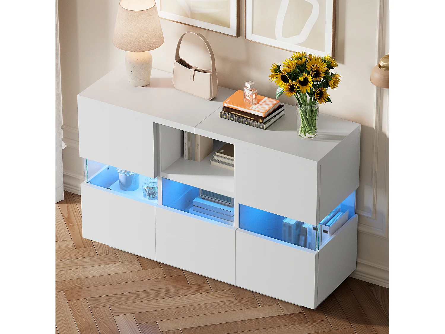 Minimalistisch dressoir voor de woonkamer - 140 x 35 x 75 cm - met 2 deuren + 2 lades + planken + ledverlichting - hout - wit