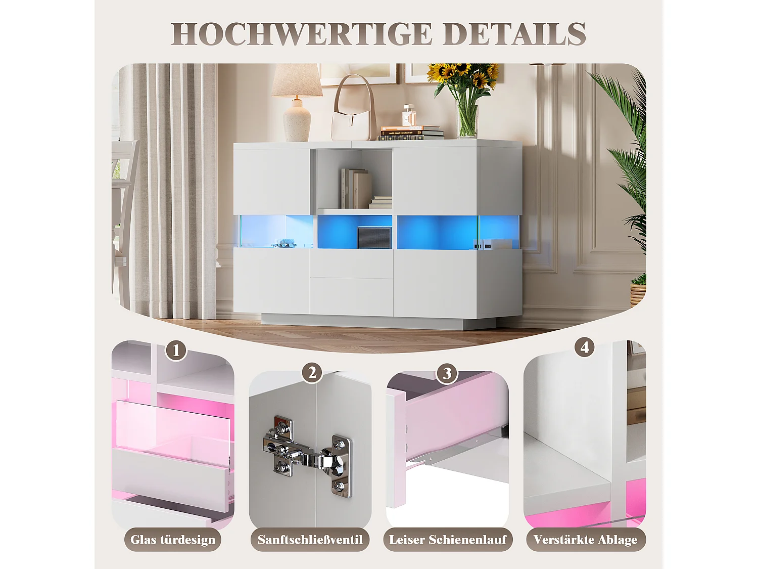 Minimalistisch dressoir voor de woonkamer - 140 x 35 x 75 cm - met 2 deuren + 2 lades + planken + ledverlichting - hout - wit