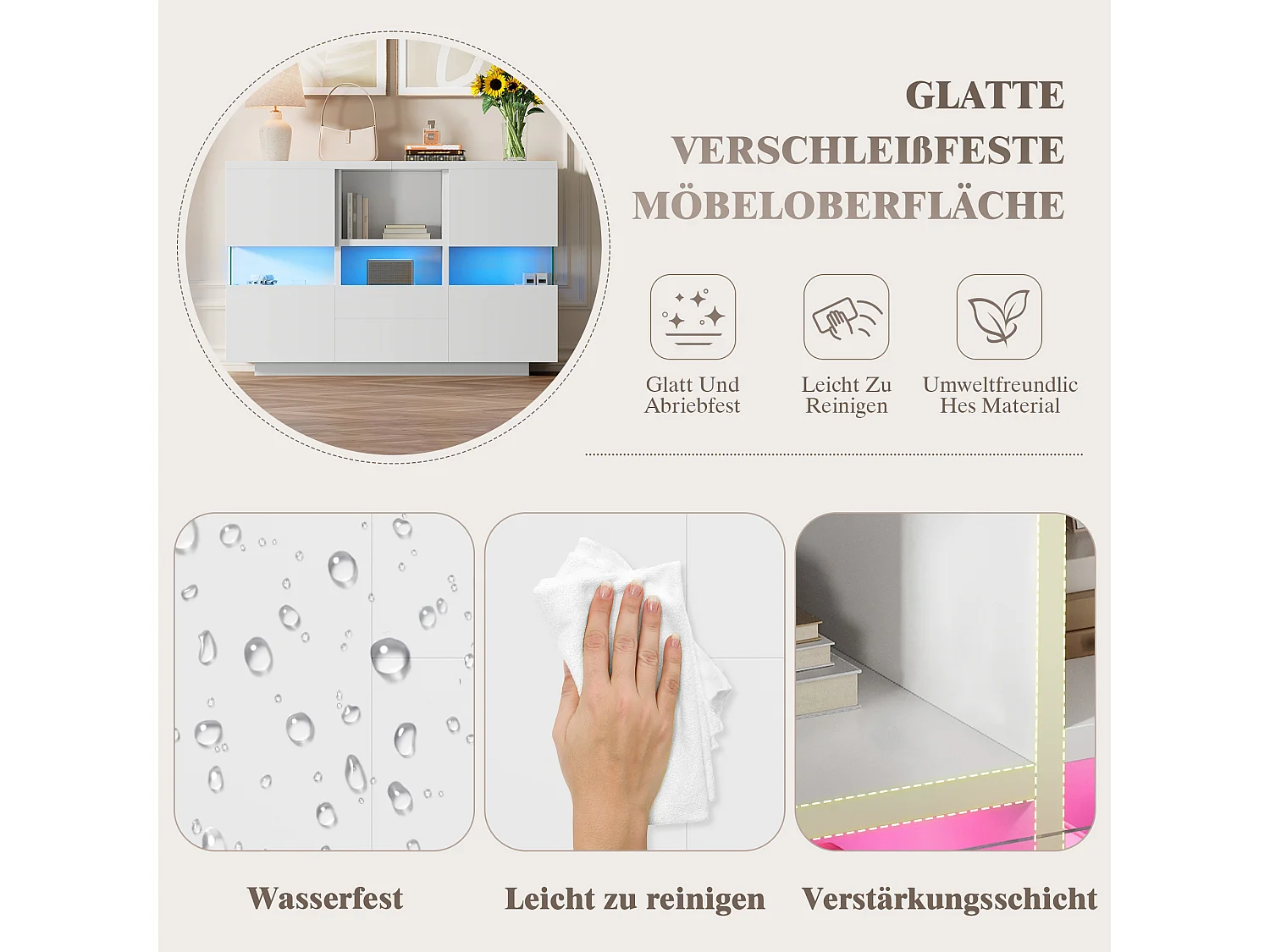 Minimalistisch dressoir voor de woonkamer - 140 x 35 x 75 cm - met 2 deuren + 2 lades + planken + ledverlichting - hout - wit