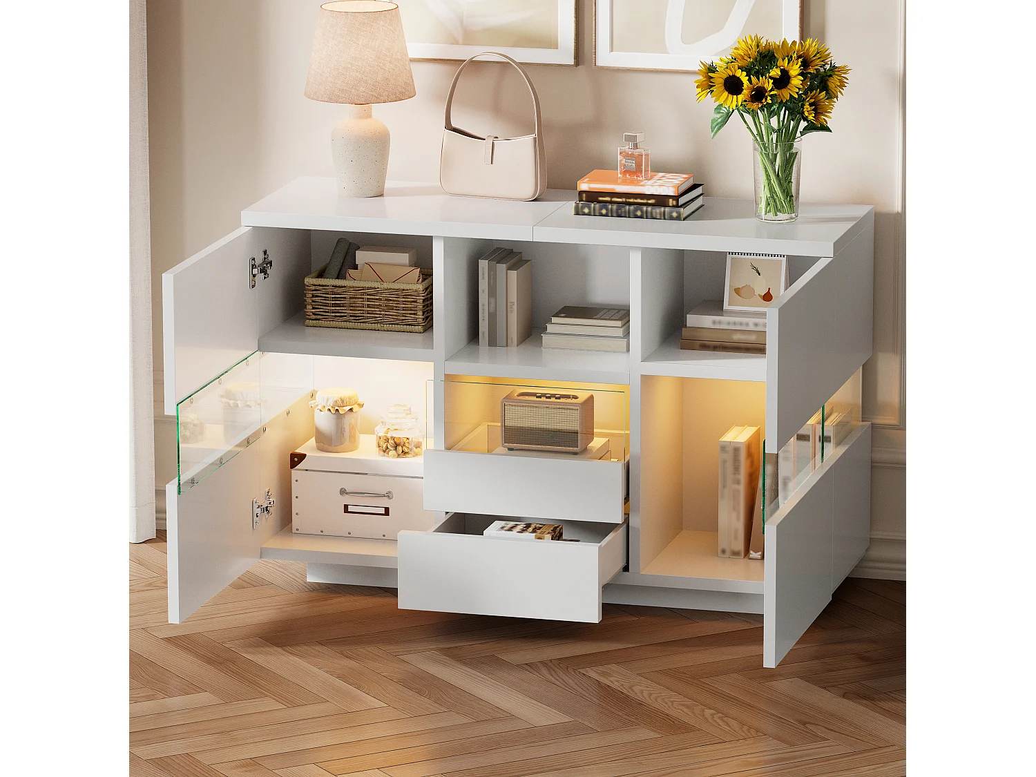 Minimalistisch dressoir voor de woonkamer - 140 x 35 x 75 cm - met 2 deuren + 2 lades + planken + ledverlichting - hout - wit