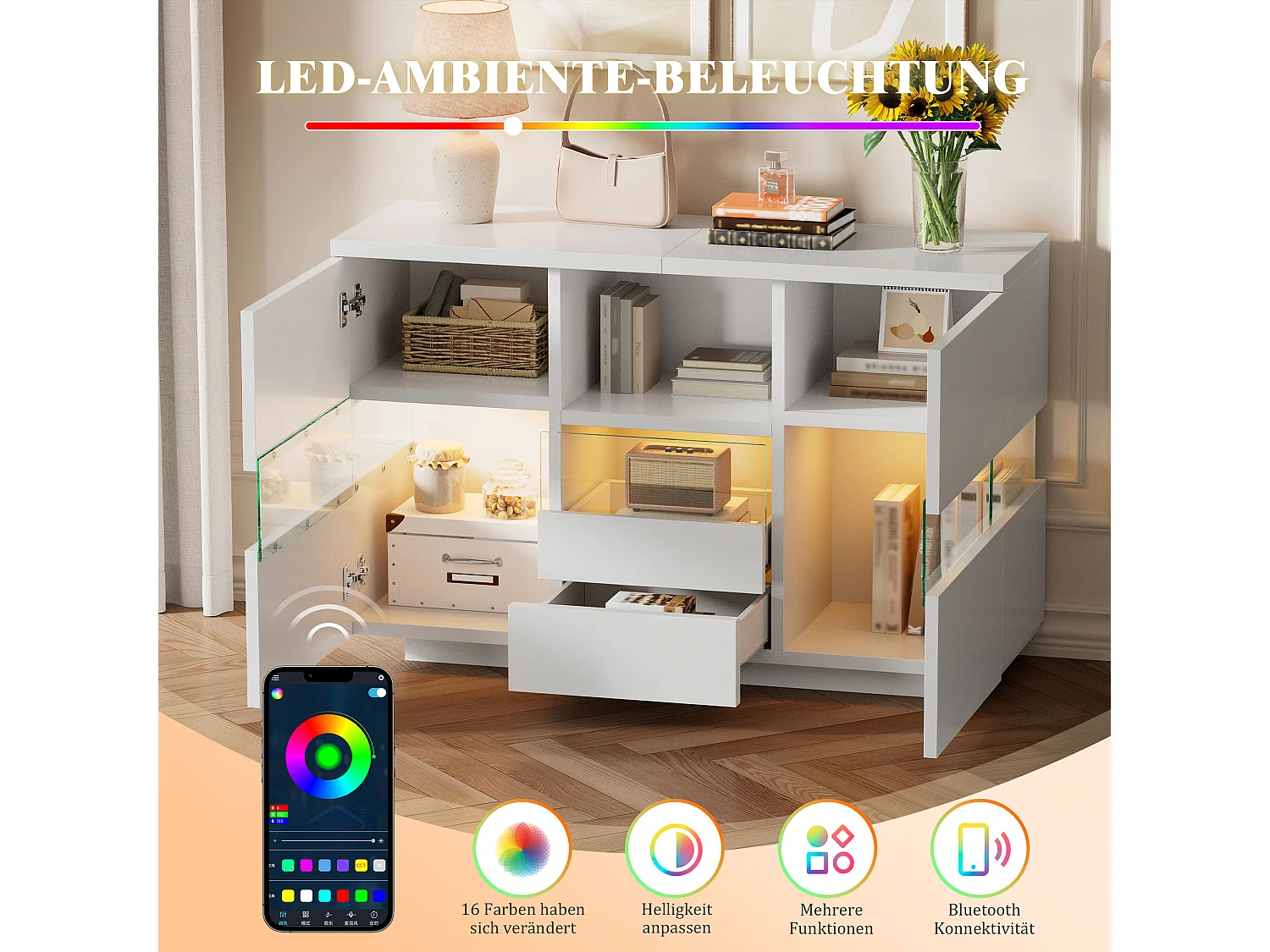 Minimalistisch dressoir voor de woonkamer - 140 x 35 x 75 cm - met 2 deuren + 2 lades + planken + ledverlichting - hout - wit