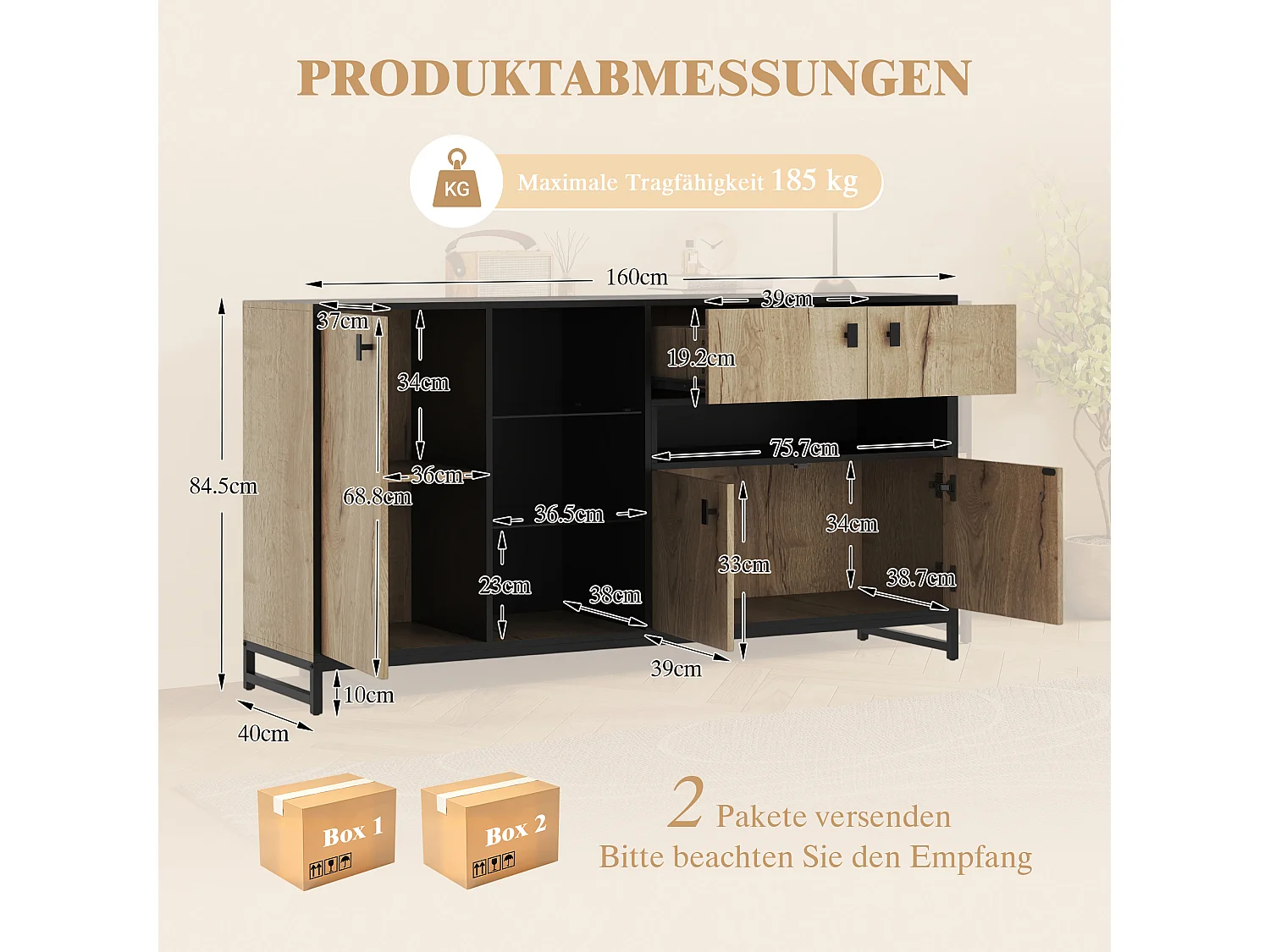 Modern minimalistisch dressoir - 160 x 40 x 84,5 cm - met 3 deuren + LED-verlichting + 2 lades + glazen planken - hout - naturel