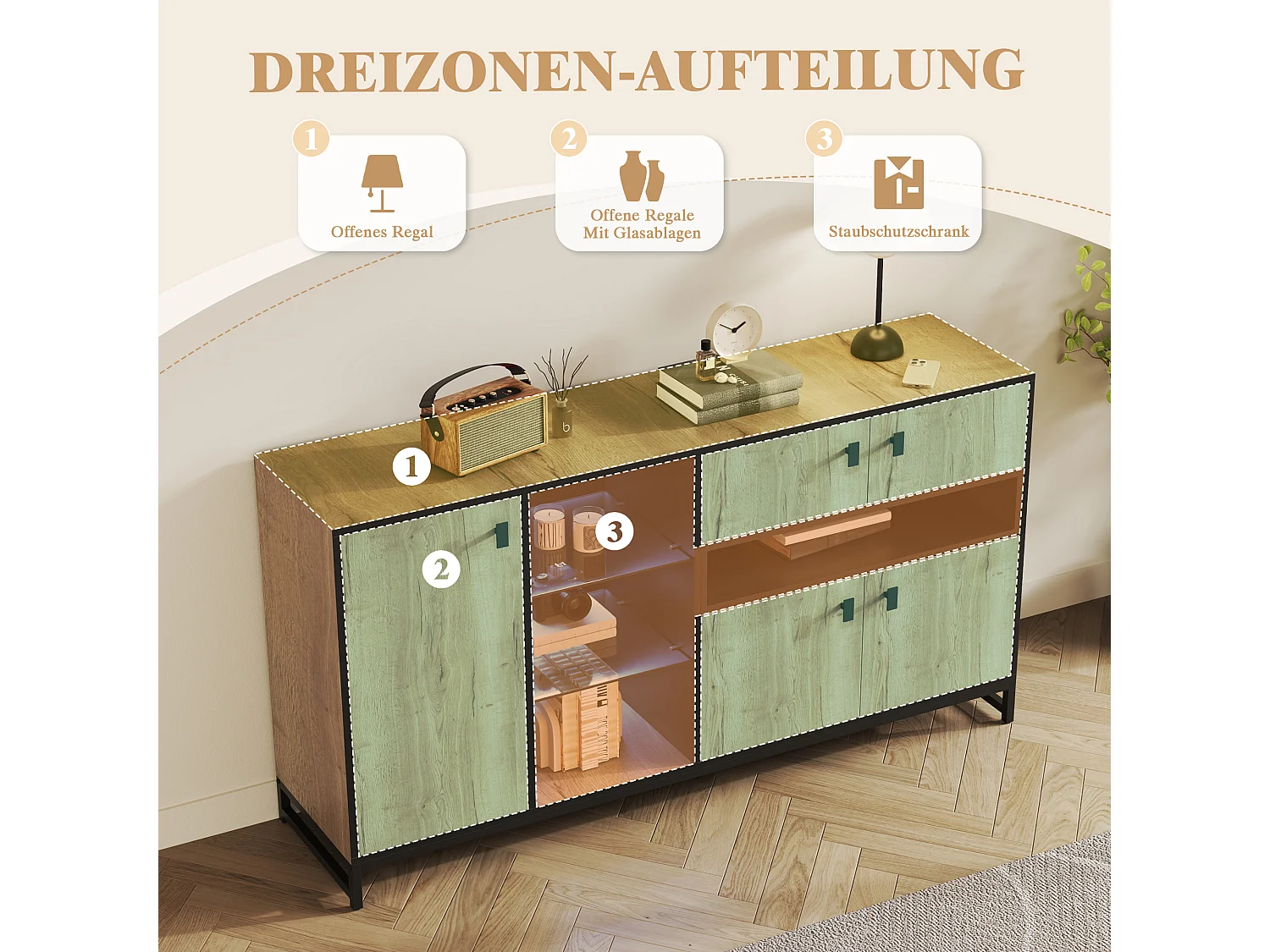 Modern minimalistisch dressoir - 160 x 40 x 84,5 cm - met 3 deuren + LED-verlichting + 2 lades + glazen planken - hout - naturel