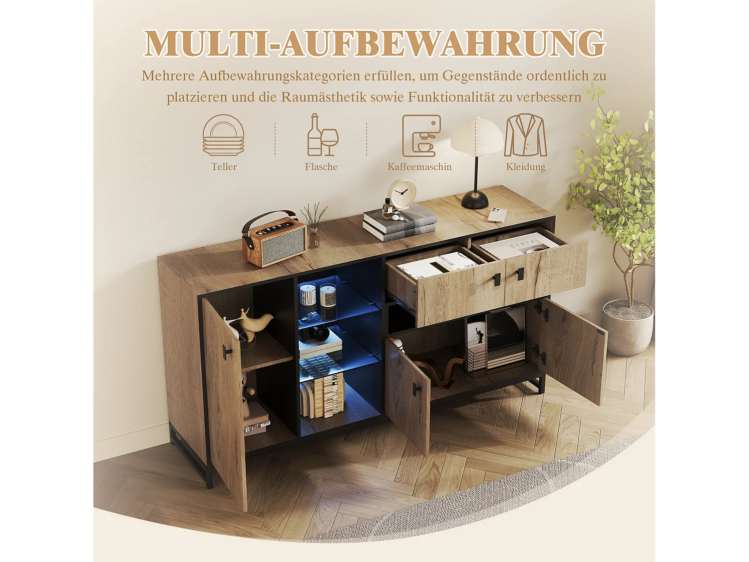 Modern minimalistisch dressoir - 160 x 40 x 84,5 cm - met 3 deuren + LED-verlichting + 2 lades + glazen planken - hout - naturel