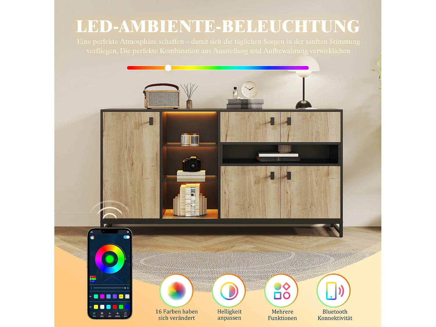 Modern minimalistisch dressoir - 160 x 40 x 84,5 cm - met 3 deuren + LED-verlichting + 2 lades + glazen planken - hout - naturel