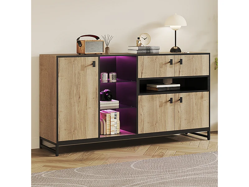 Buffet minimaliste moderne - 160 x 40 x 84.5 cm - avec 3 portes + Leds + 2 tiroirs + étagères en verre - bois - naturel