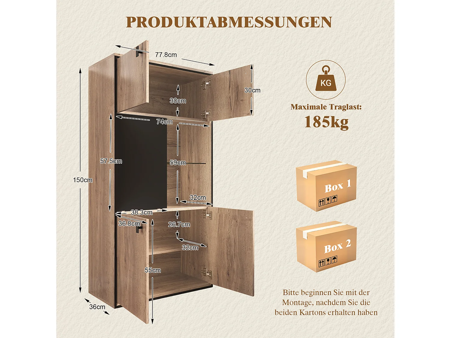 Buffet haut aspect bois - 77.8 x 36 x 150 cm - avec portes double + portes coulissante + Leds - bois - naturel