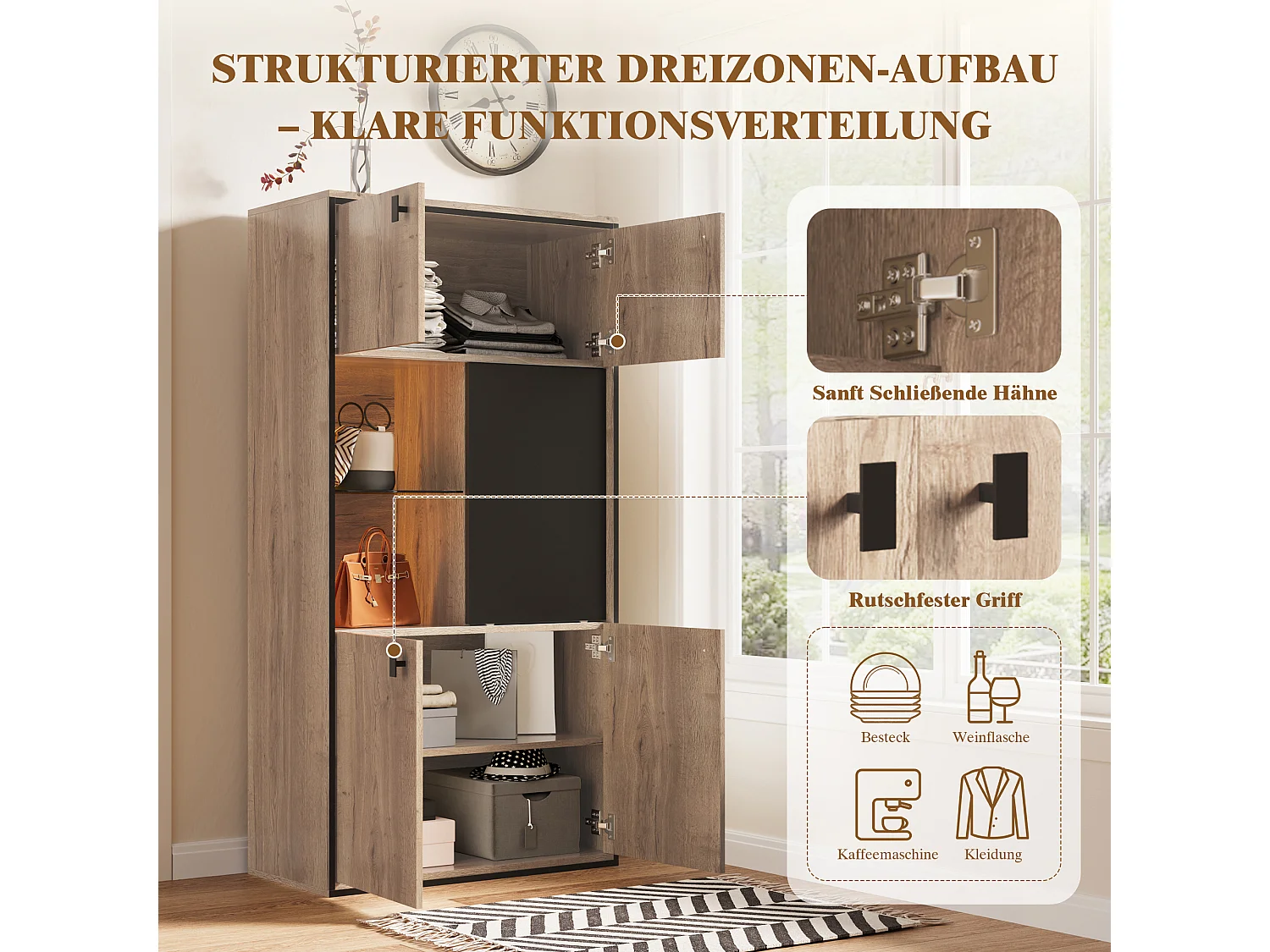 Buffet haut aspect bois - 77.8 x 36 x 150 cm - avec portes double + portes coulissante + Leds - bois - naturel