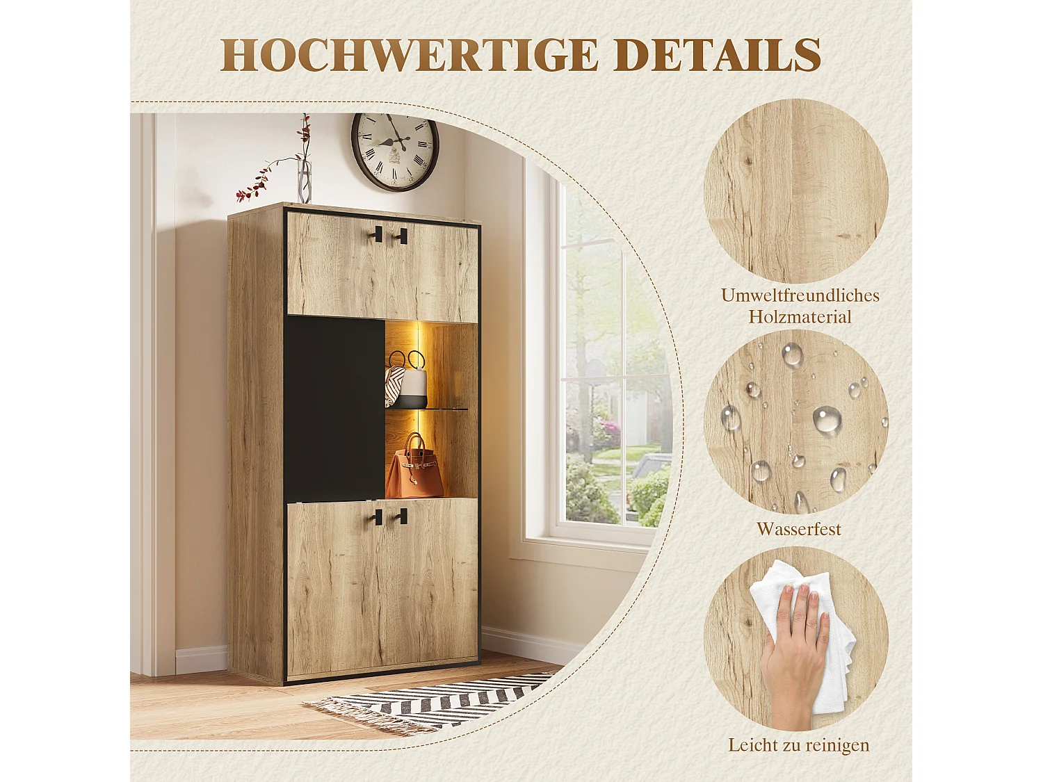 Buffet haut aspect bois - 77.8 x 36 x 150 cm - avec portes double + portes coulissante + Leds - bois - naturel