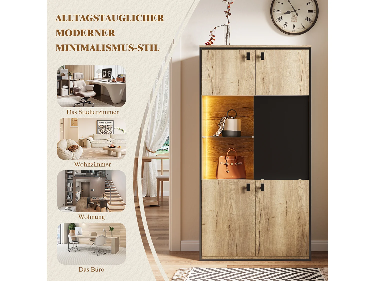 Buffet haut aspect bois - 77.8 x 36 x 150 cm - avec portes double + portes coulissante + Leds - bois - naturel