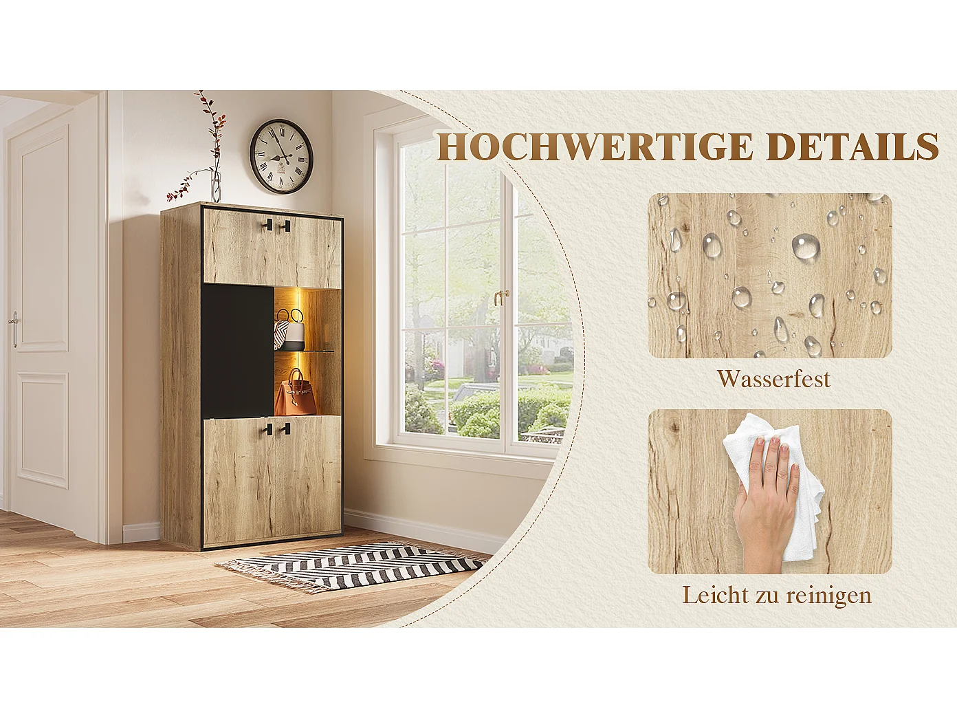 Buffet haut aspect bois - 77.8 x 36 x 150 cm - avec portes double + portes coulissante + Leds - bois - naturel