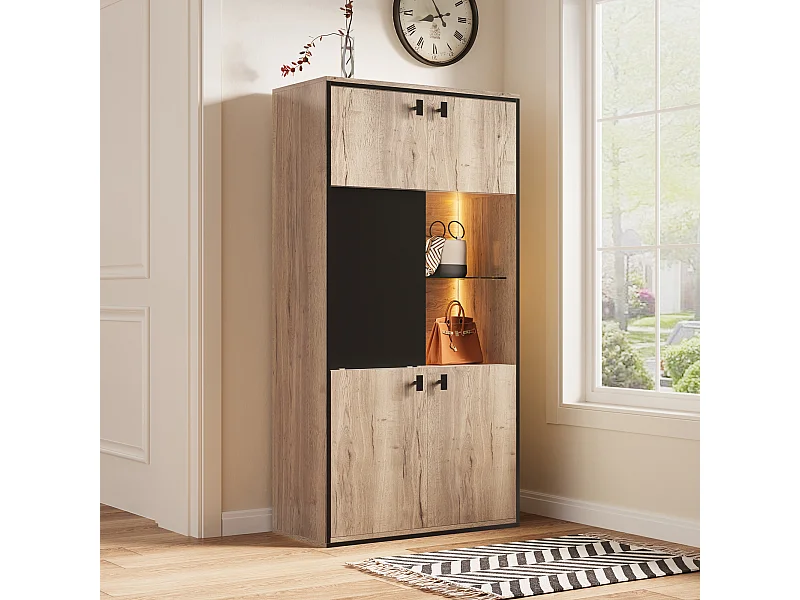 Buffet haut aspect bois - 77.8 x 36 x 150 cm - avec portes double + portes coulissante + Leds - bois - naturel