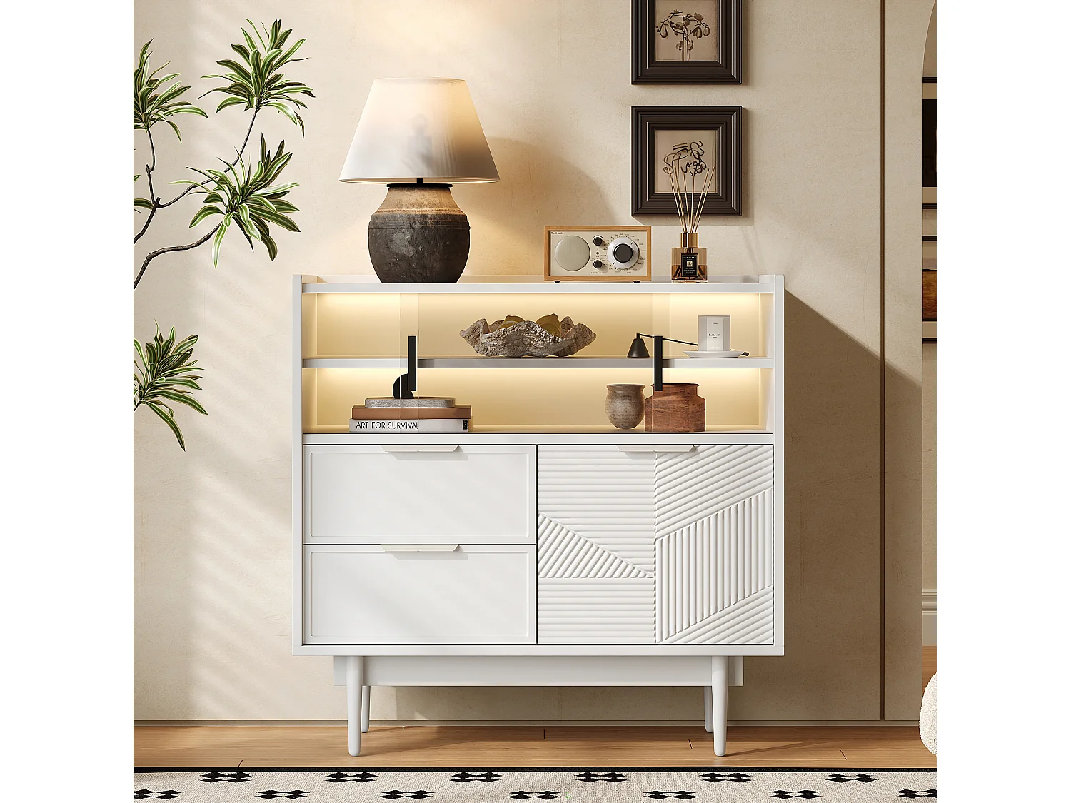 Buffet moderne - 80 x 35 x 80 cm - avec 2 tiroirs + 1 porte en bois + 2 portes coulissantes en verre - MDF - blanc