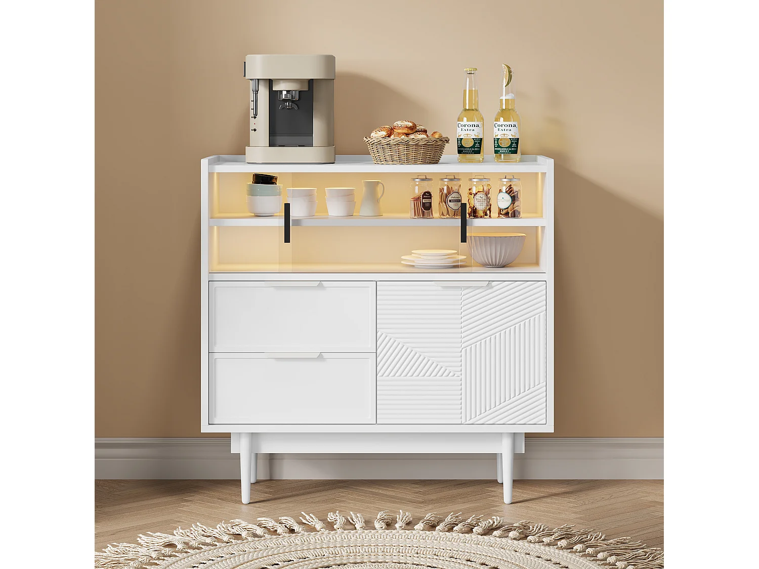Buffet moderne - 80 x 35 x 80 cm - avec 2 tiroirs + 1 porte en bois + 2 portes coulissantes en verre - MDF - blanc