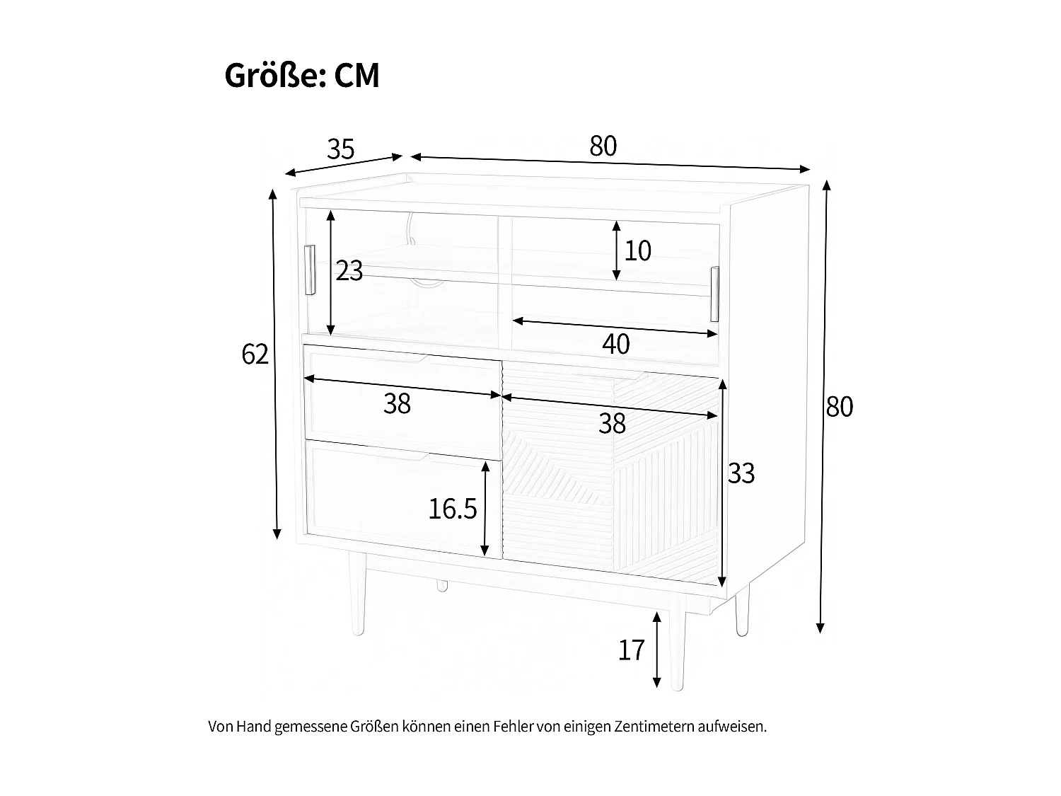 Buffet moderne - 80 x 35 x 80 cm - avec 2 tiroirs + 1 porte en bois + 2 portes coulissantes en verre - MDF - blanc