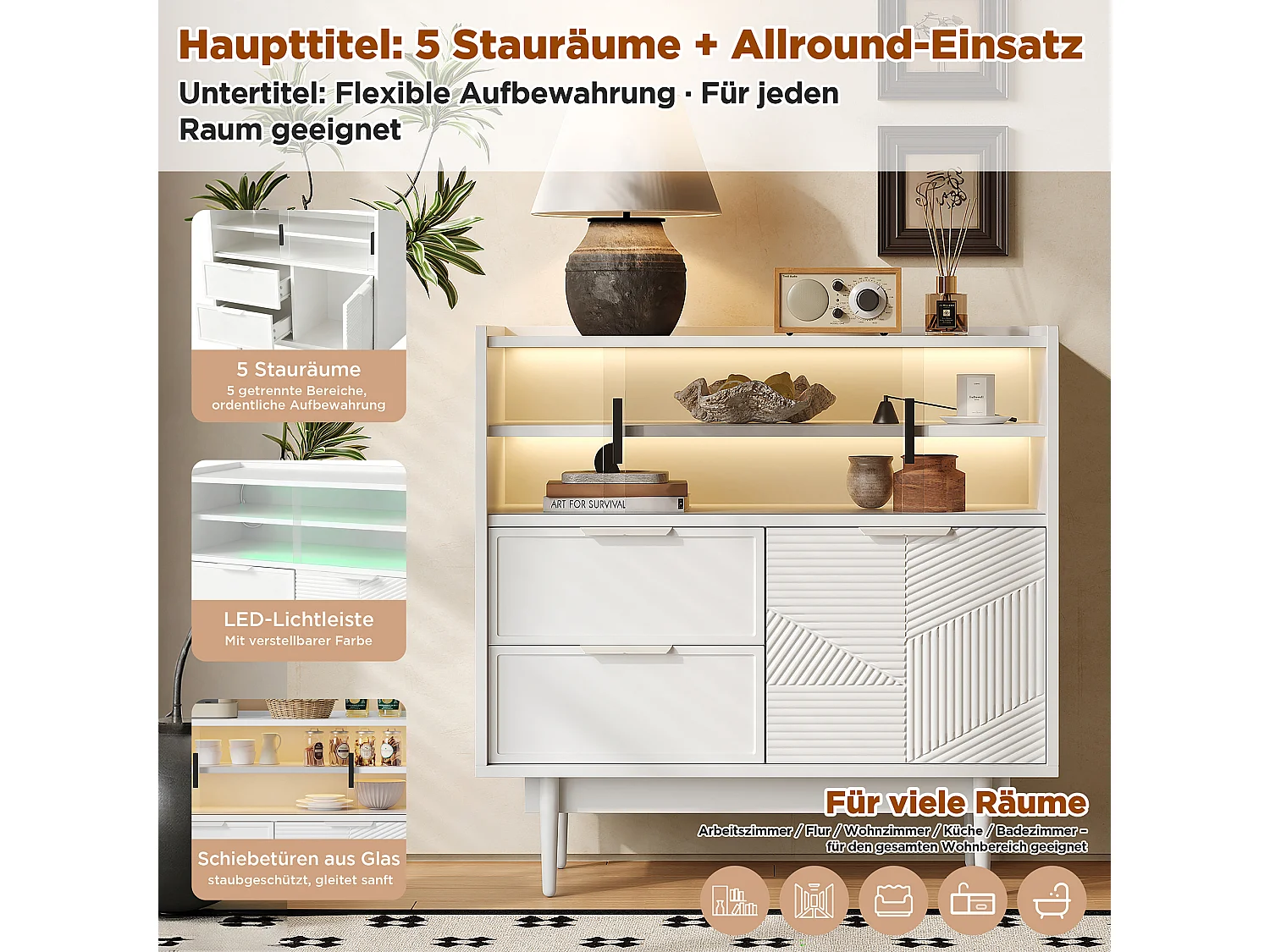 Buffet moderne - 80 x 35 x 80 cm - avec 2 tiroirs + 1 porte en bois + 2 portes coulissantes en verre - MDF - blanc