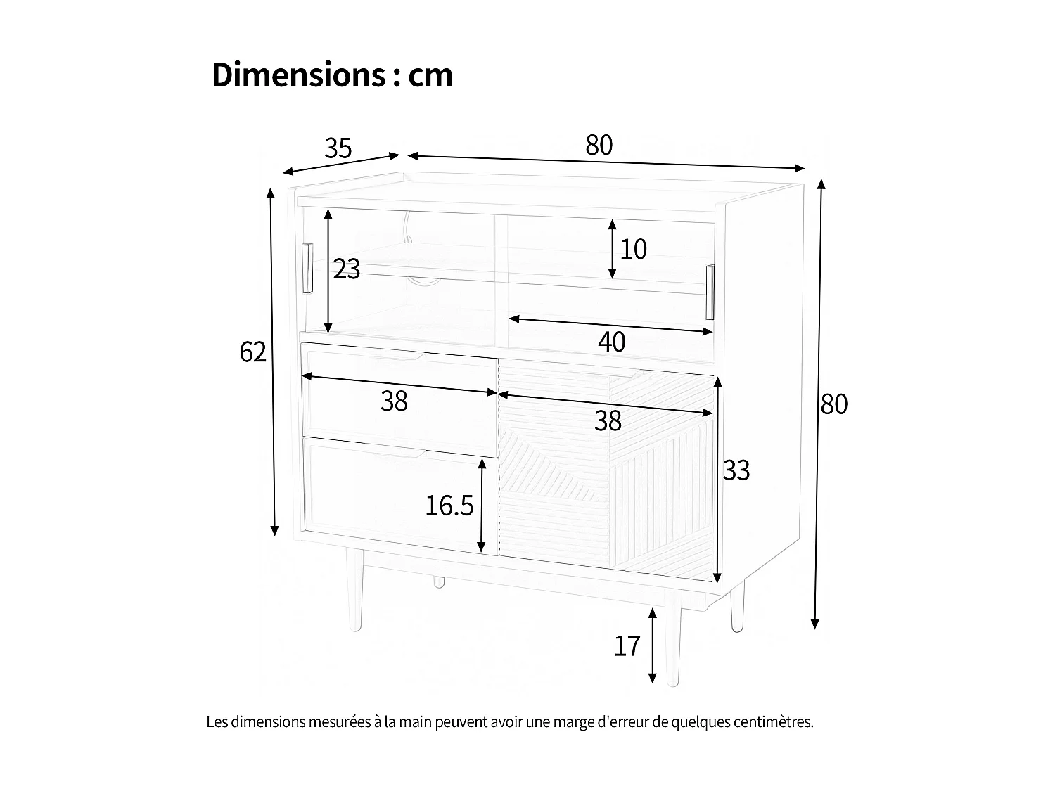 Buffet moderne - 80 x 35 x 80 cm - avec 2 tiroirs + 1 porte en bois + 2 portes coulissantes en verre - MDF - blanc