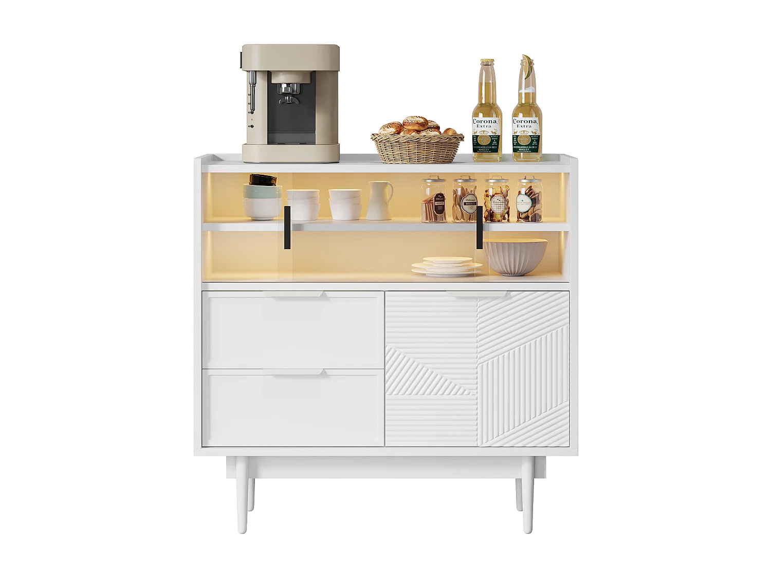 Buffet moderne - 80 x 35 x 80 cm - avec 2 tiroirs + 1 porte en bois + 2 portes coulissantes en verre - MDF - blanc