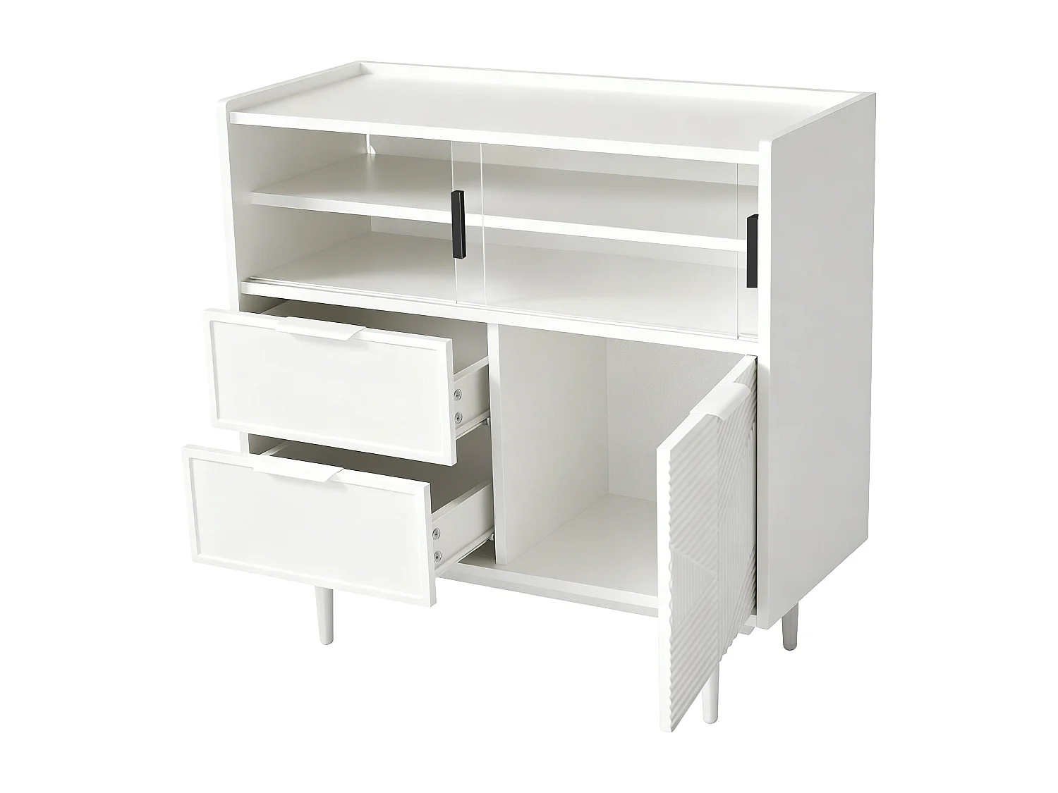 Buffet moderne - 80 x 35 x 80 cm - avec 2 tiroirs + 1 porte en bois + 2 portes coulissantes en verre - MDF - blanc
